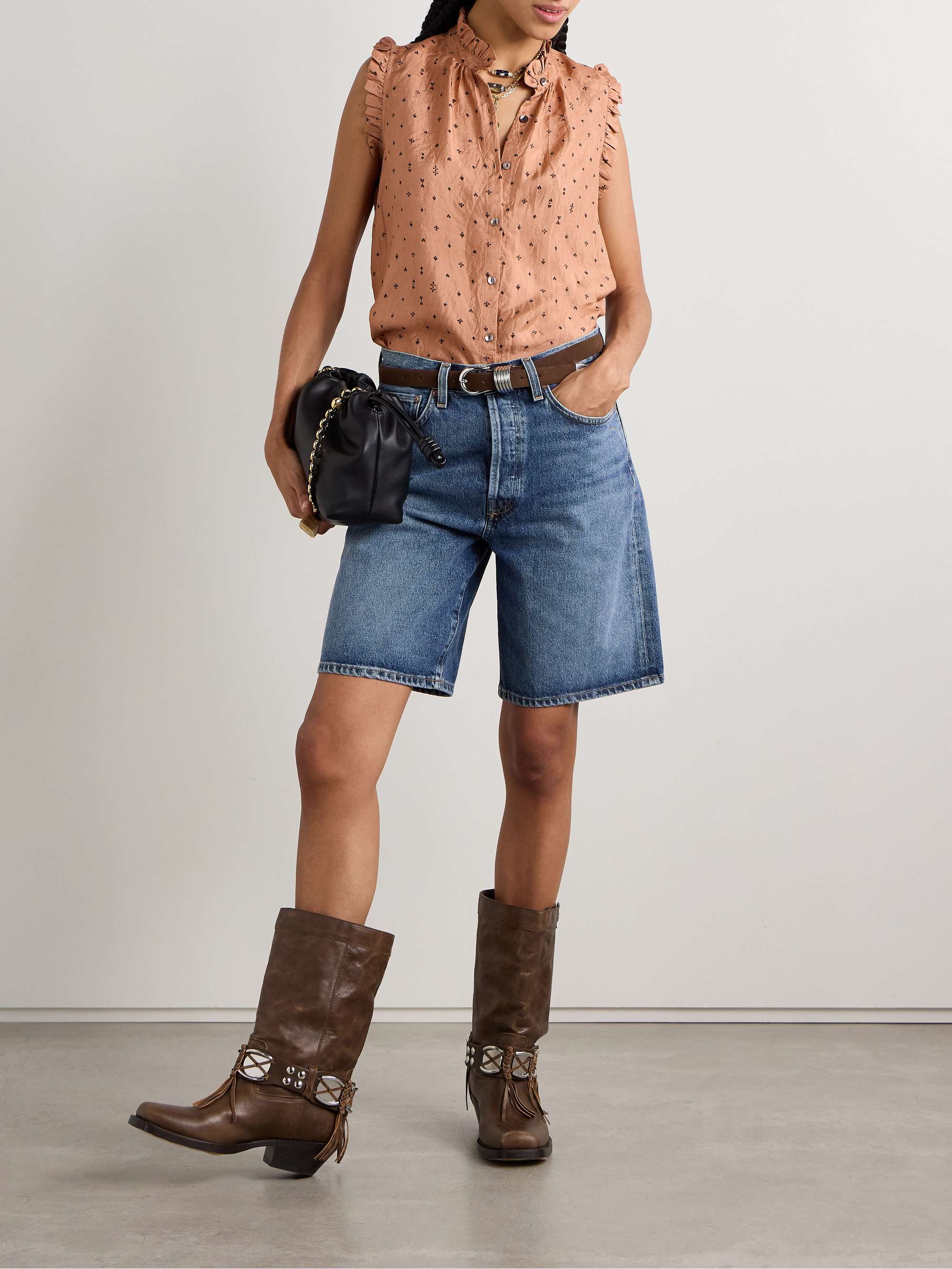 Wylder ruffled printed crinkled-silk tank view