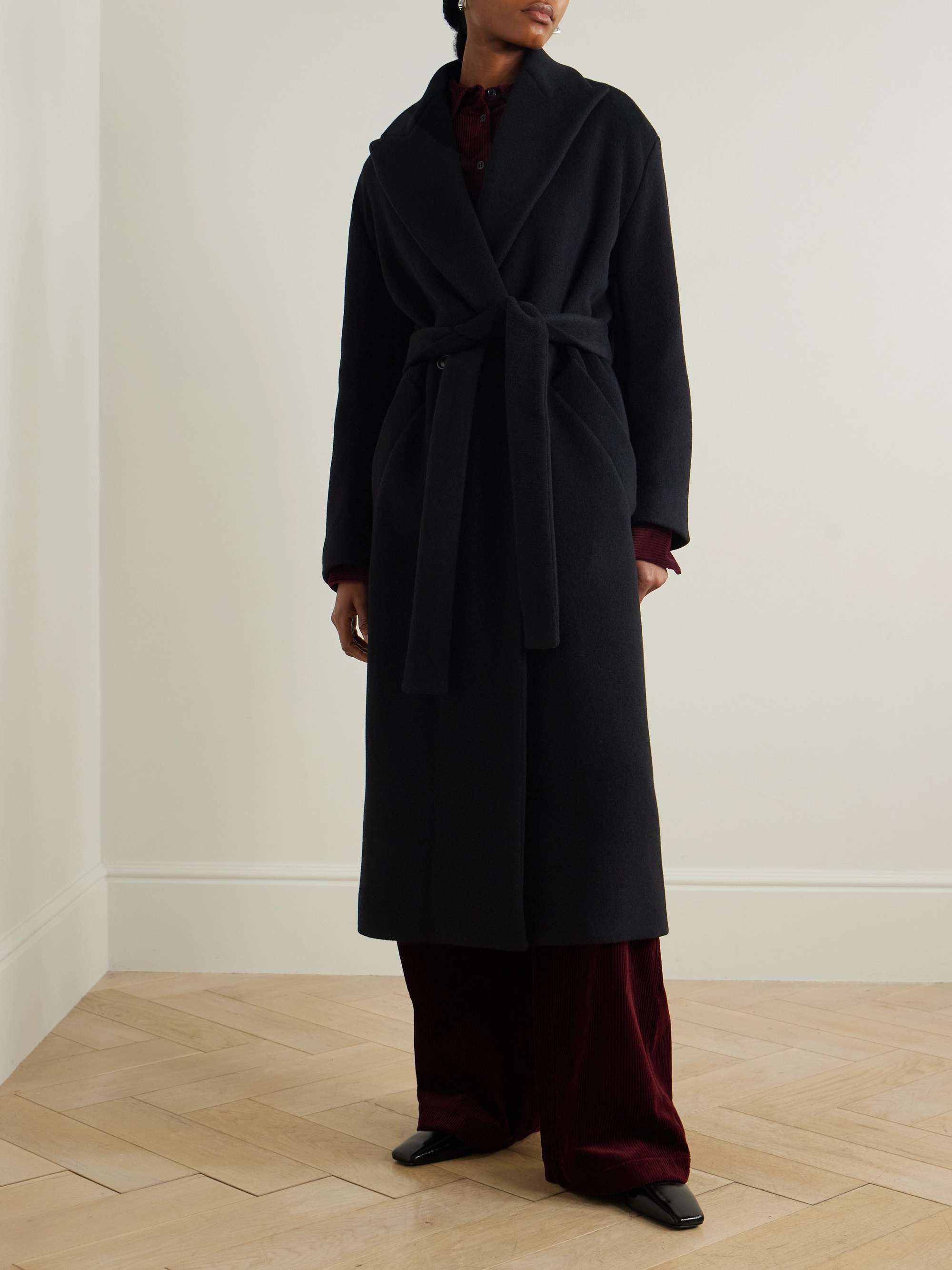 Belted double-breasted wool coat view