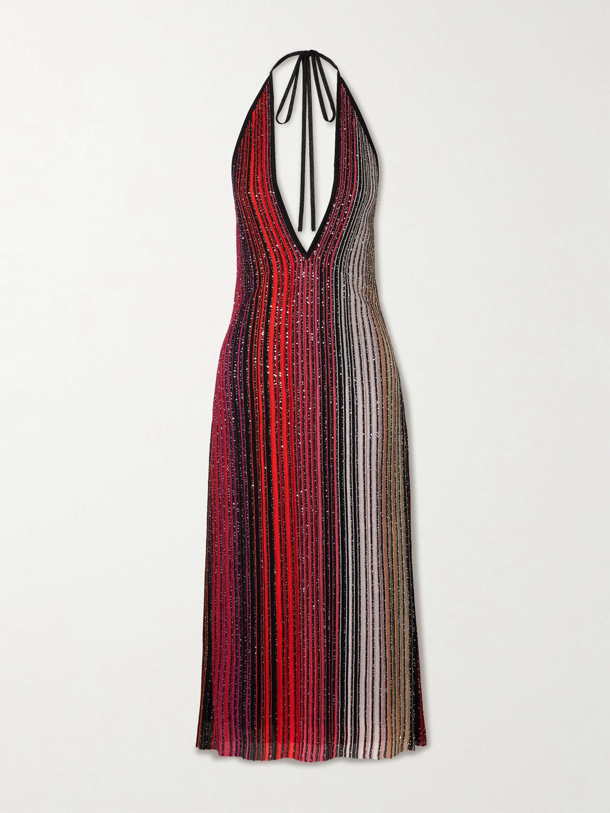 Sequined striped metallic crochet-knit halterneck midi dress view