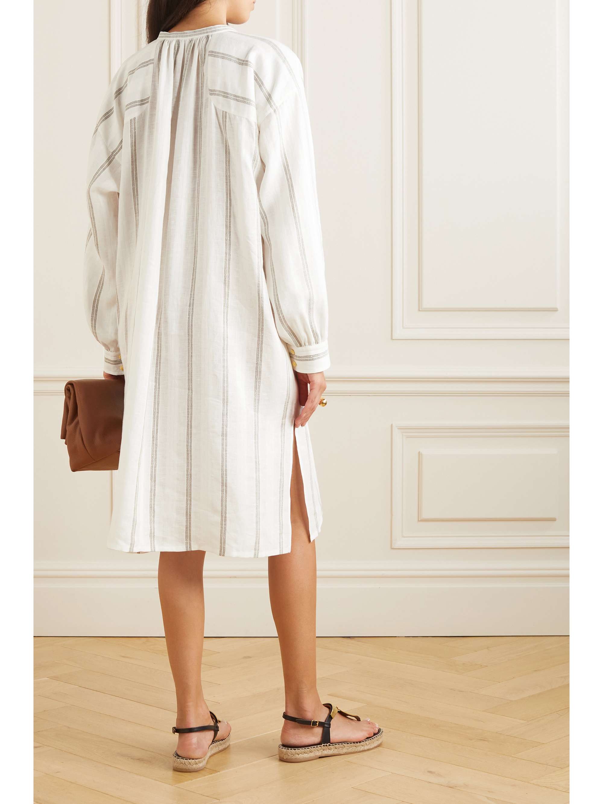 Pleated striped linen midi dress view