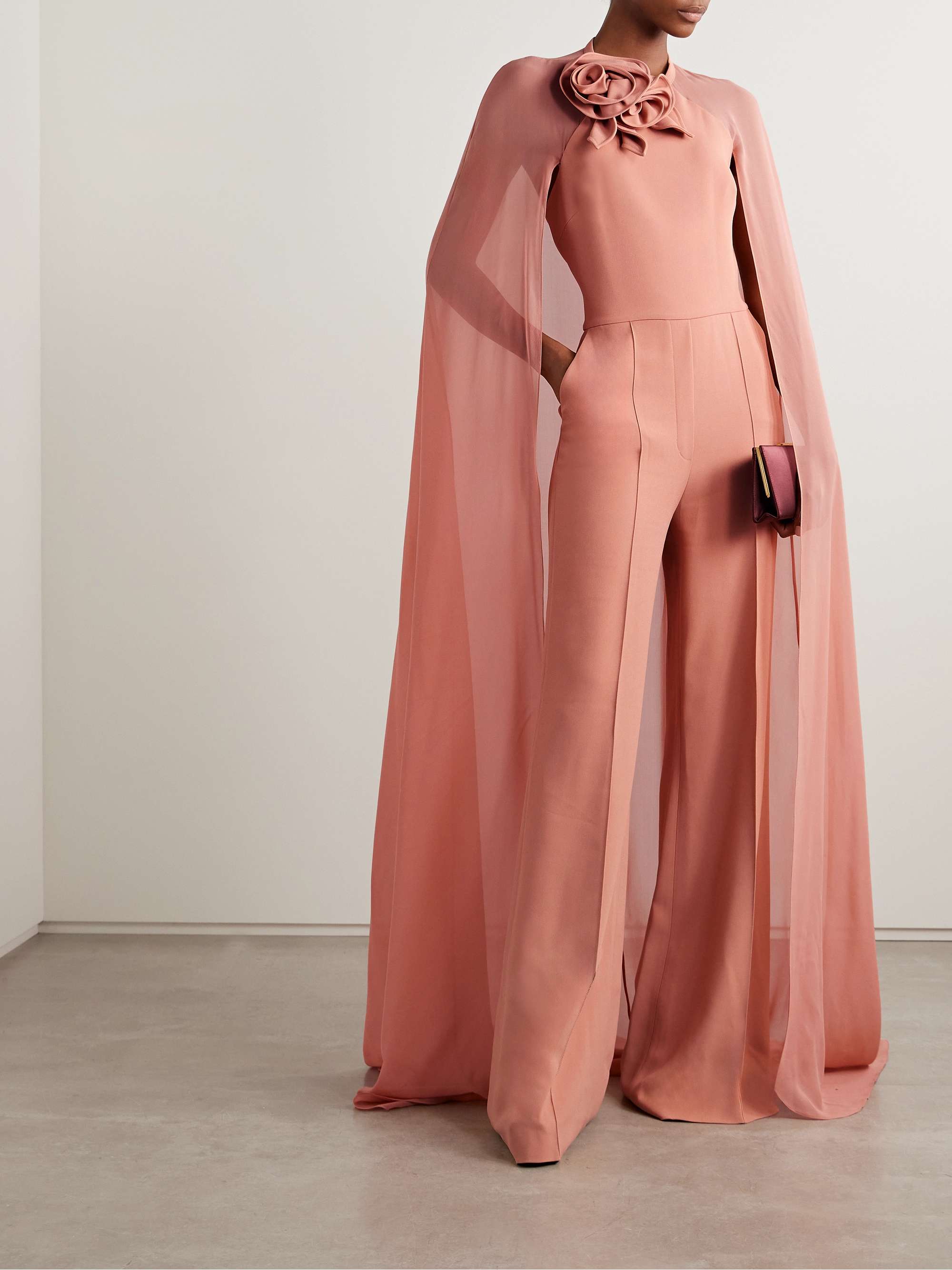 Cape-effect appliquéd chiffon-trimmed cady jumpsuit view