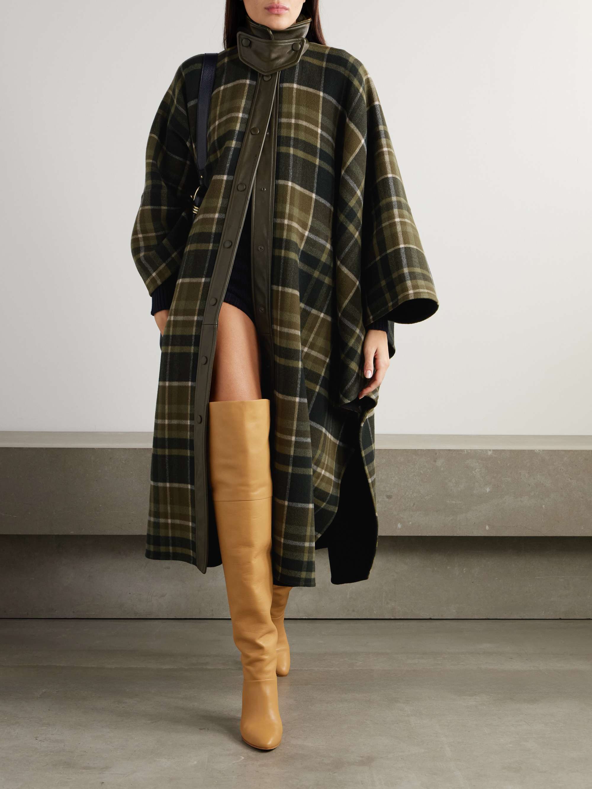 Oversized leather-trimmed checked wool-blend flannel coat view