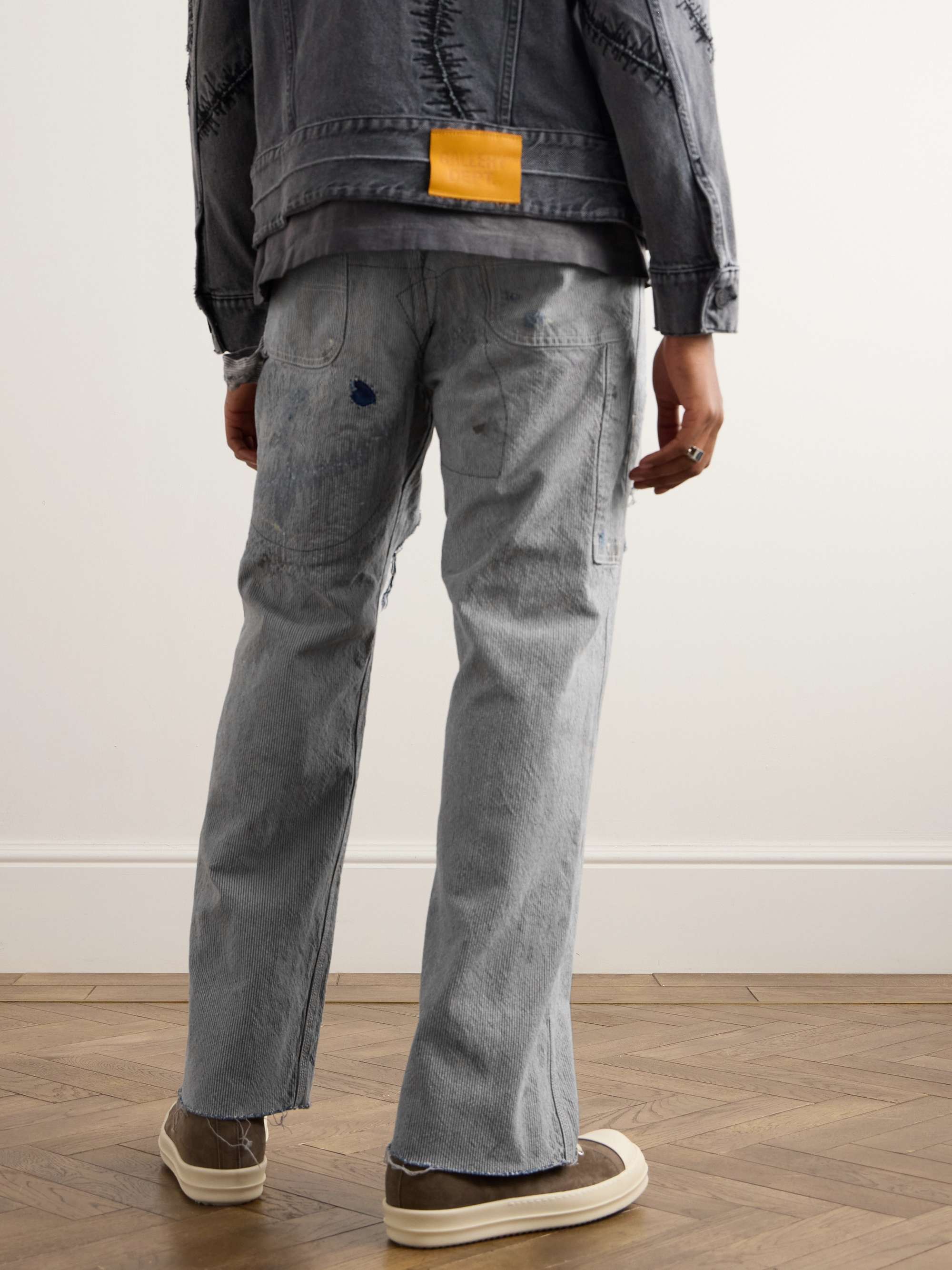 Straight-Leg Distressed Striped Paint-Splattered Jeans view