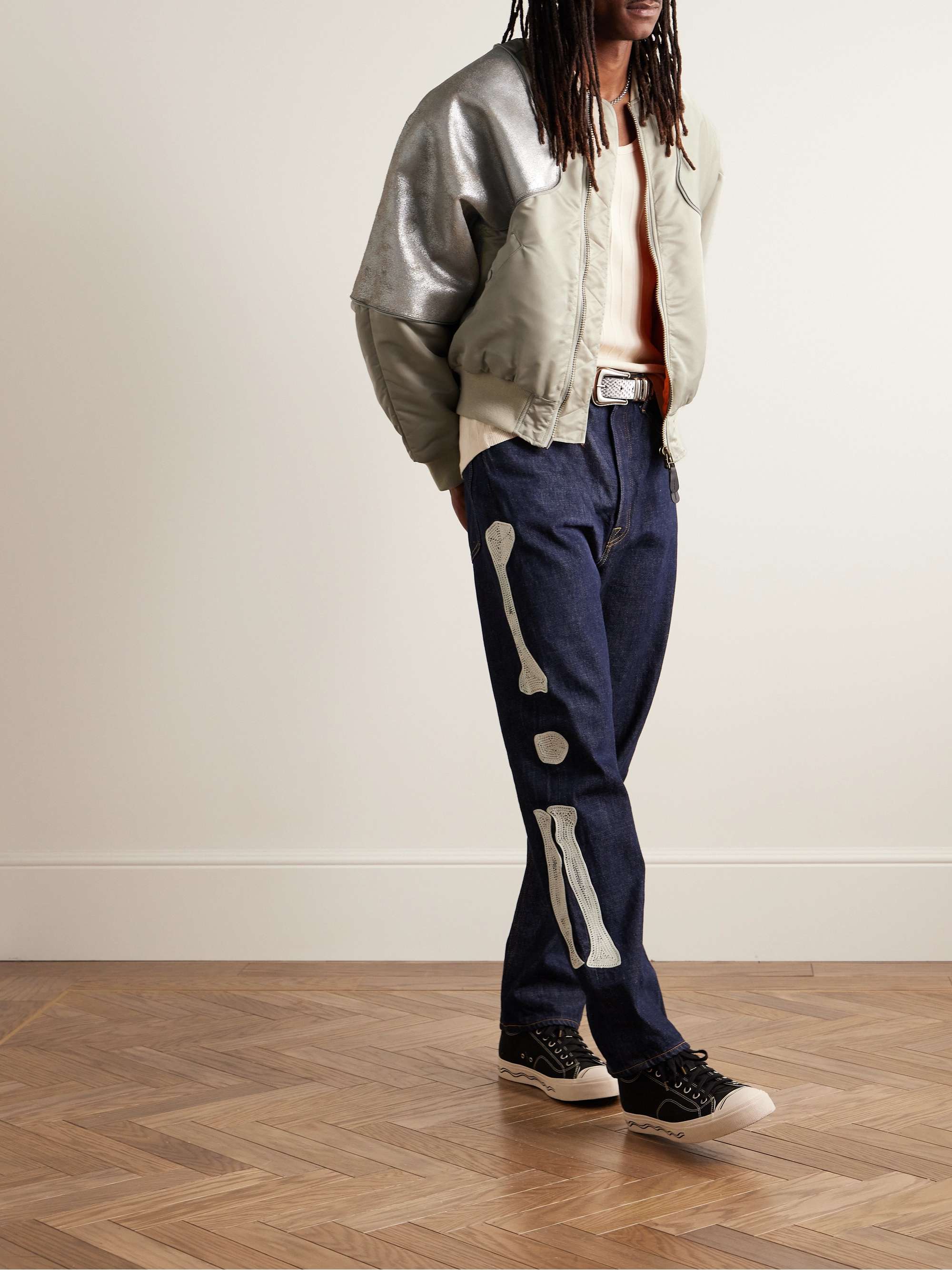 Sham Convertible Cracked Leather-Trimmed Shell Bomber Jacket view