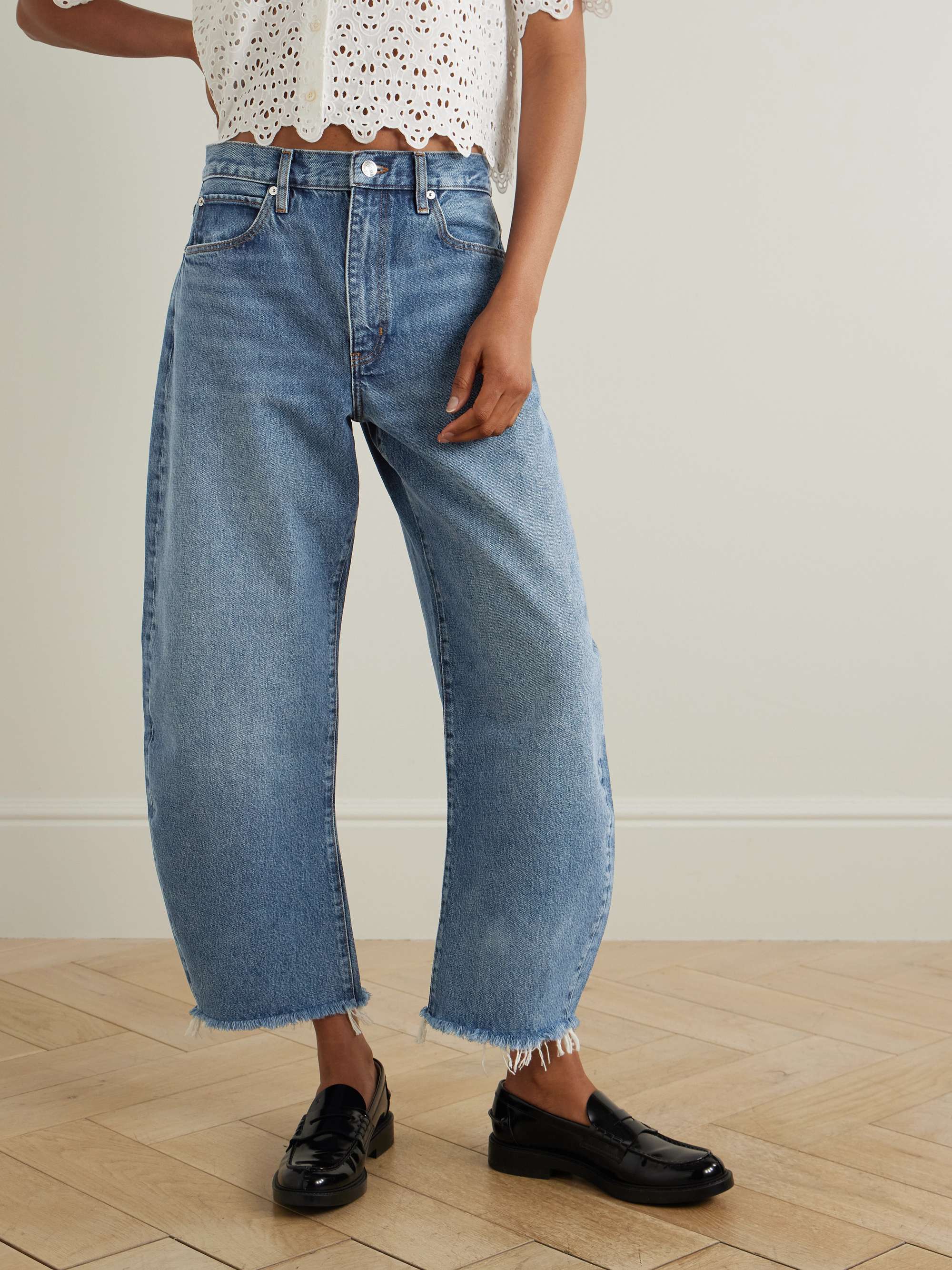 The Bubble Crop frayed high-rise barrel-leg jeans view