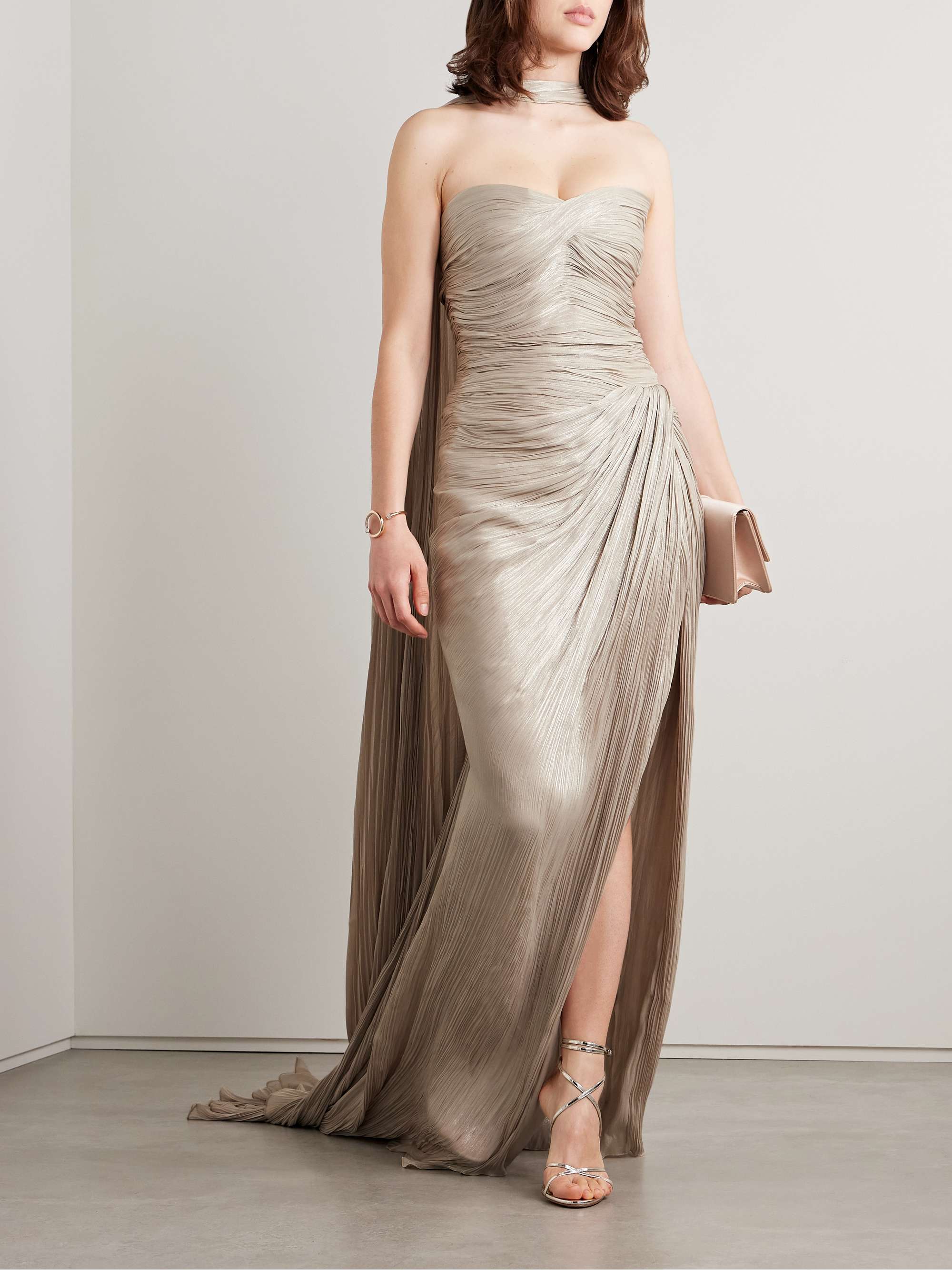 Strapless draped metallic plissé-silk gown and cape view