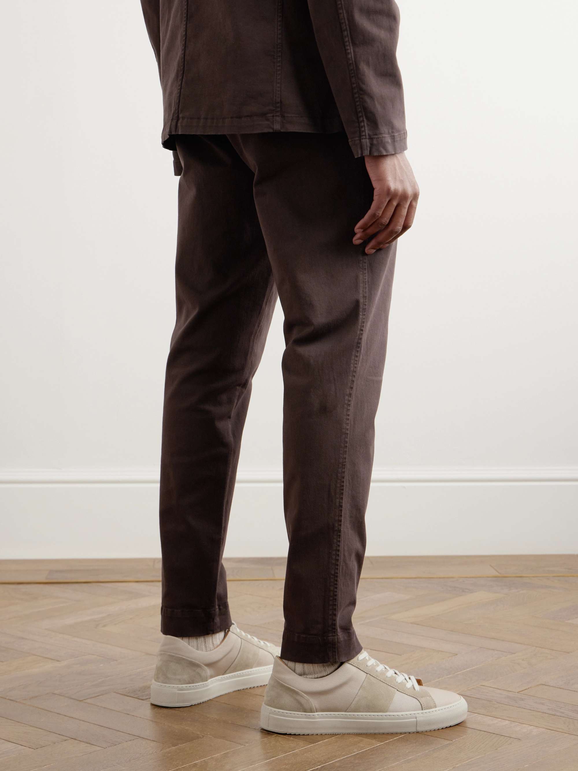Tapered Pleated Garment-Dyed Cotton-Blend Twill Trousers view