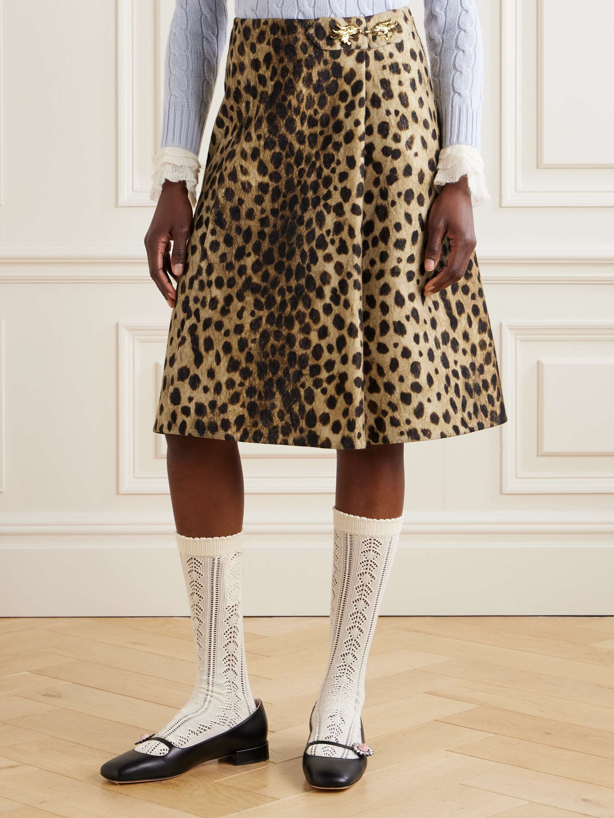 Wrap-effect embellished jaguar-print wool-felt skirt view