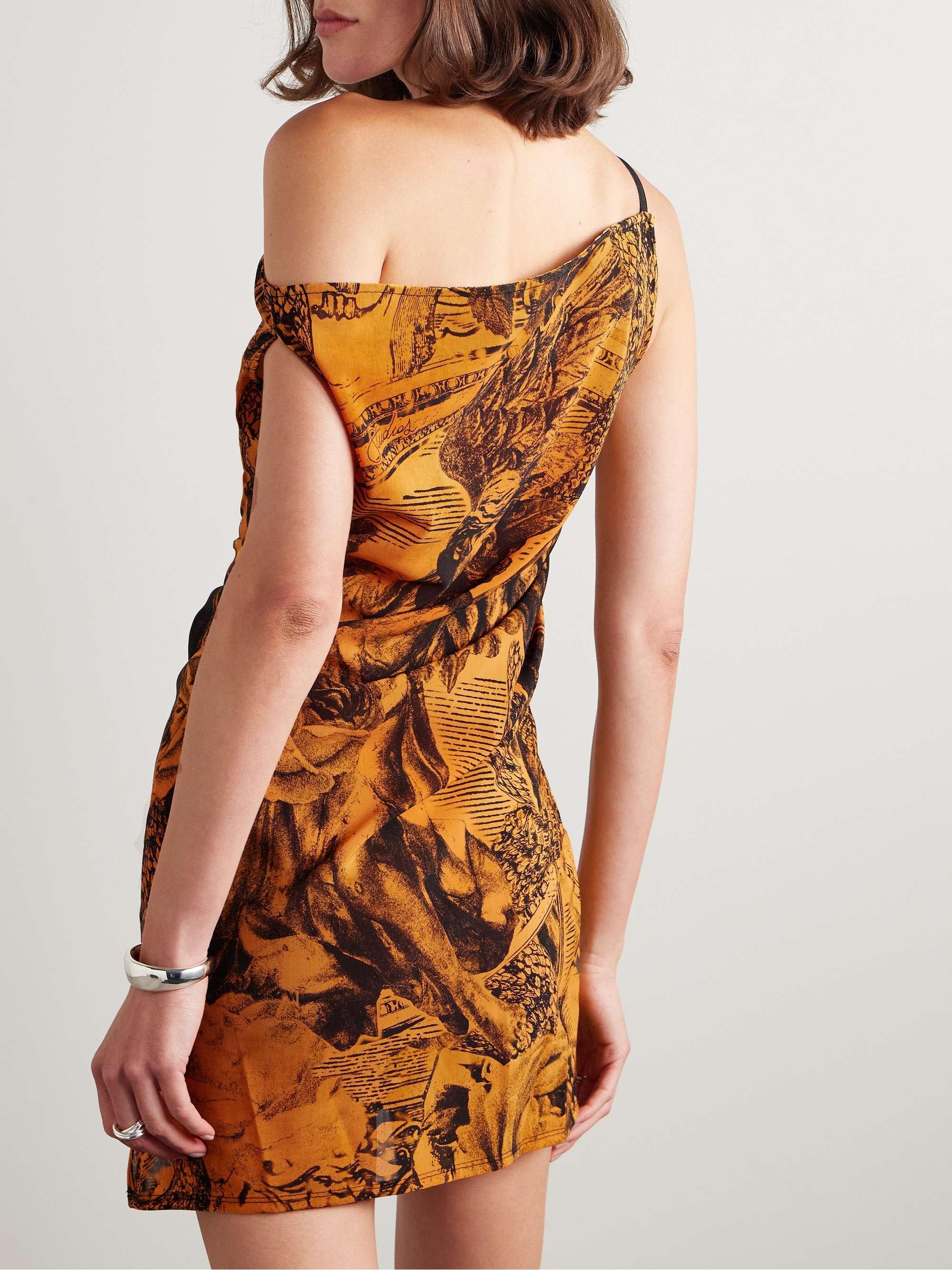 Off-the-shoulder ruched printed stretch-mesh mini dress view