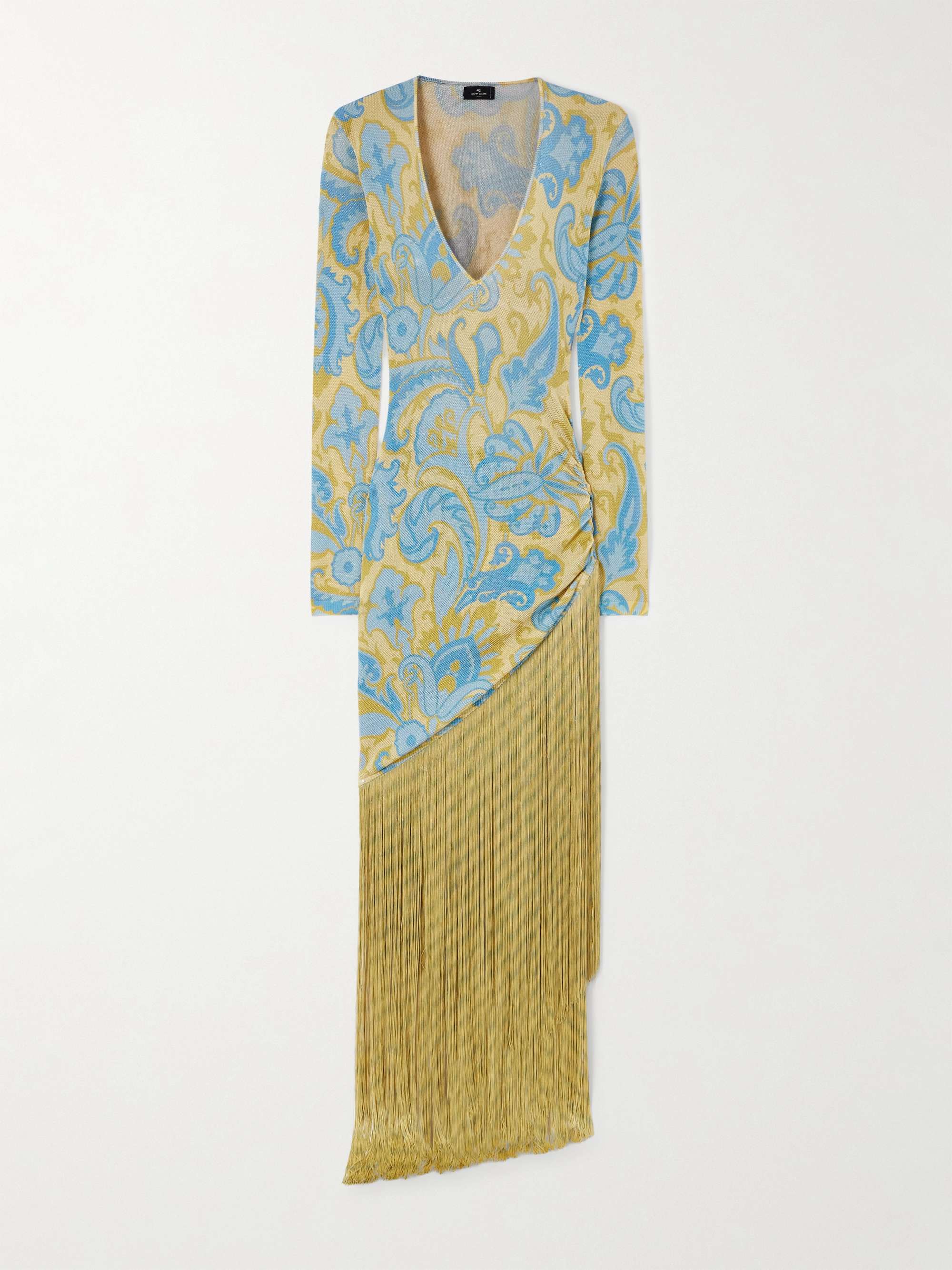 Fringed printed metallic knitted dress view