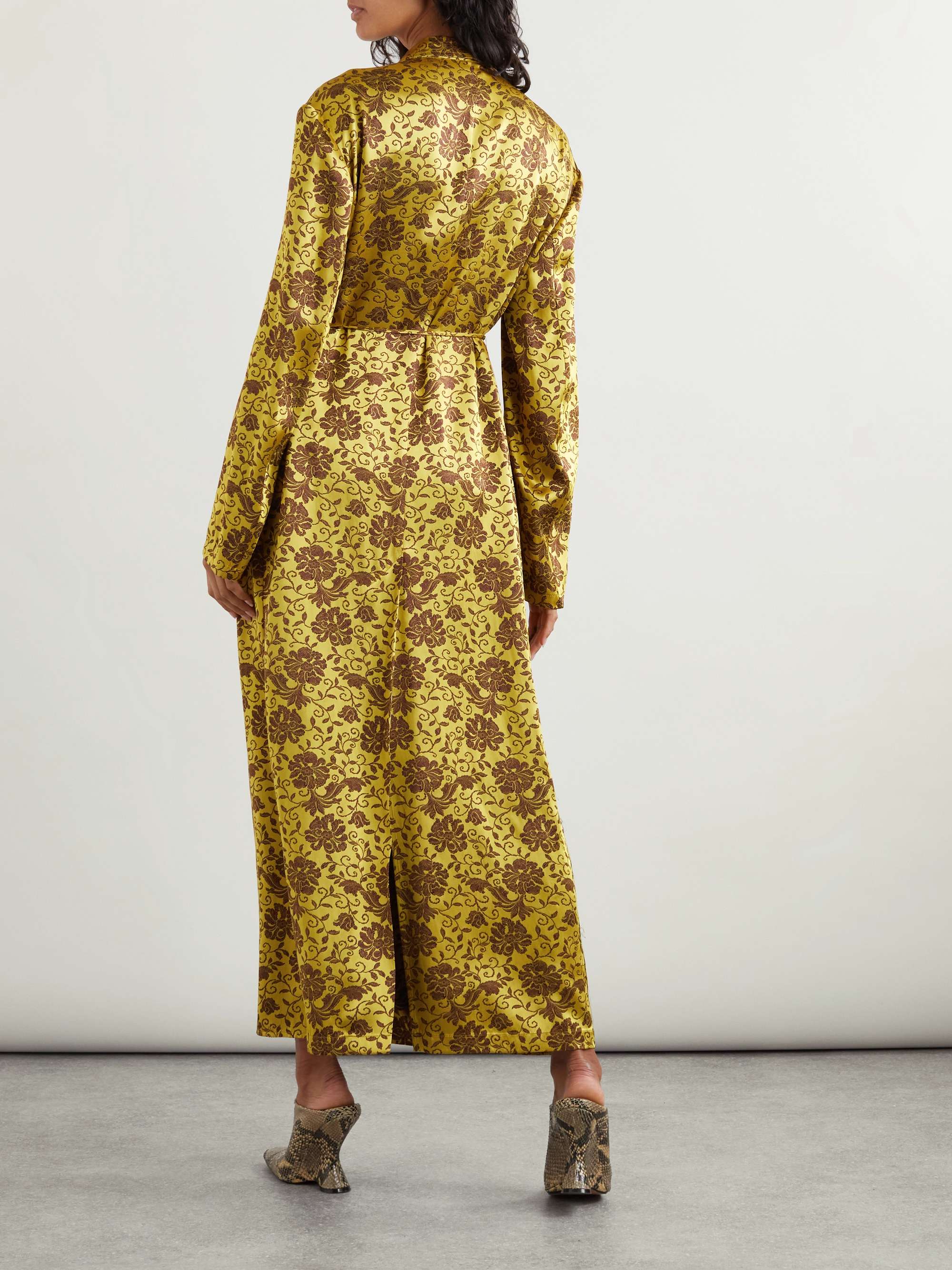 Belted silk-satin jacquard coat view