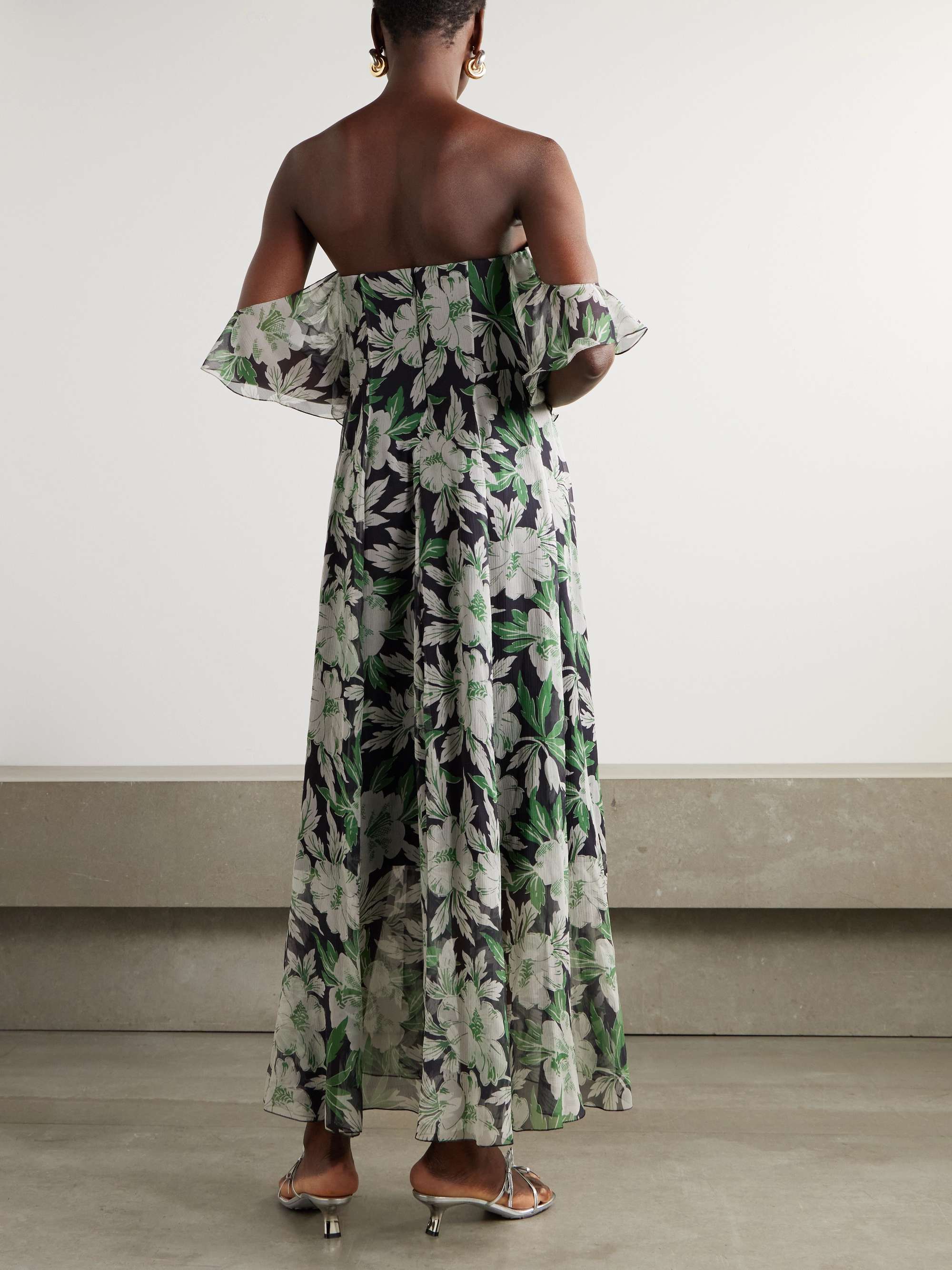 Off-the-shoulder floral-print silk-crepon midi dress view