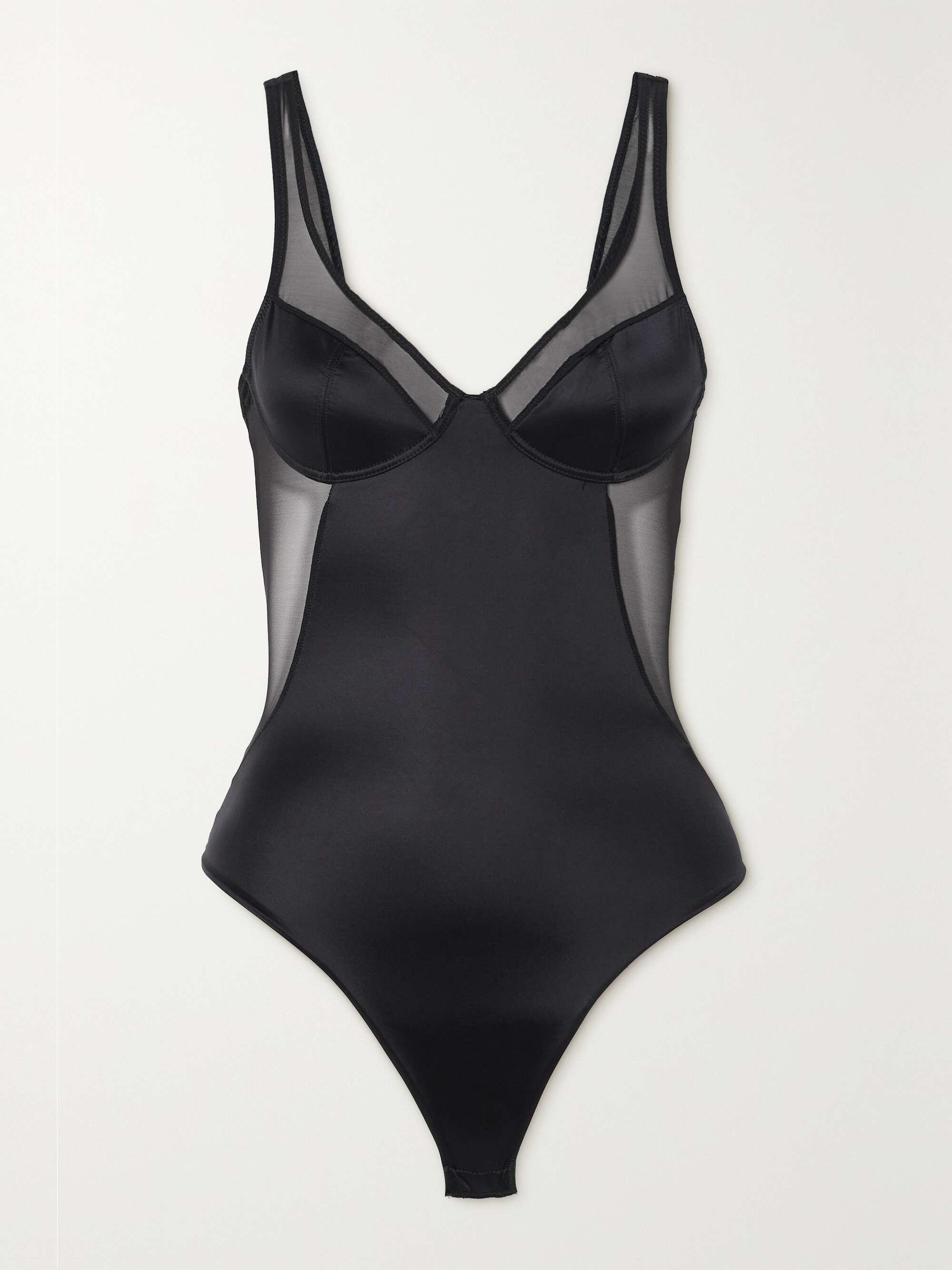 Shaping mesh-trimmed stretch-satin thong bodysuit view
