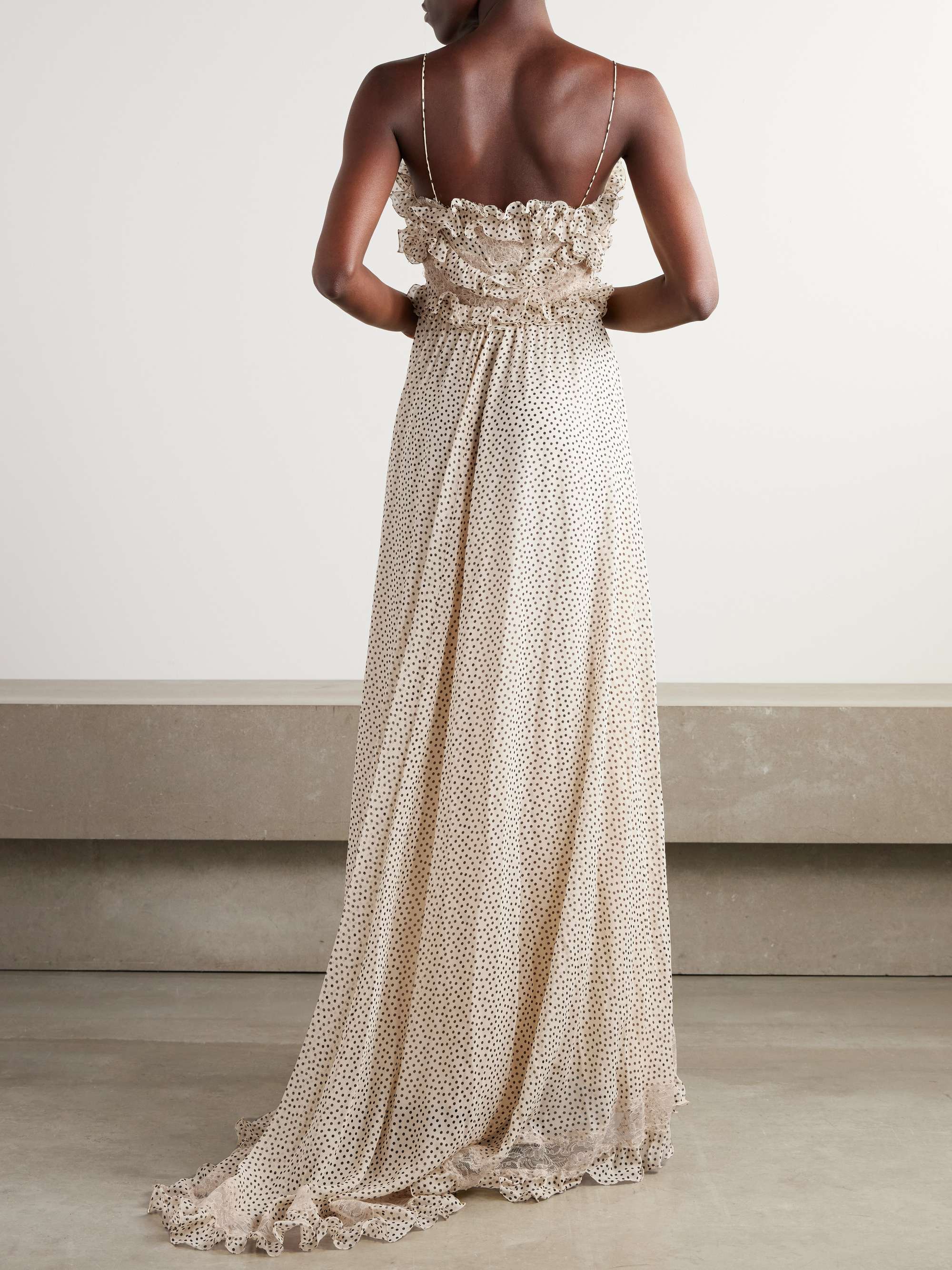 Lace-trimmed ruffled polka-dot silk-georgette gown view