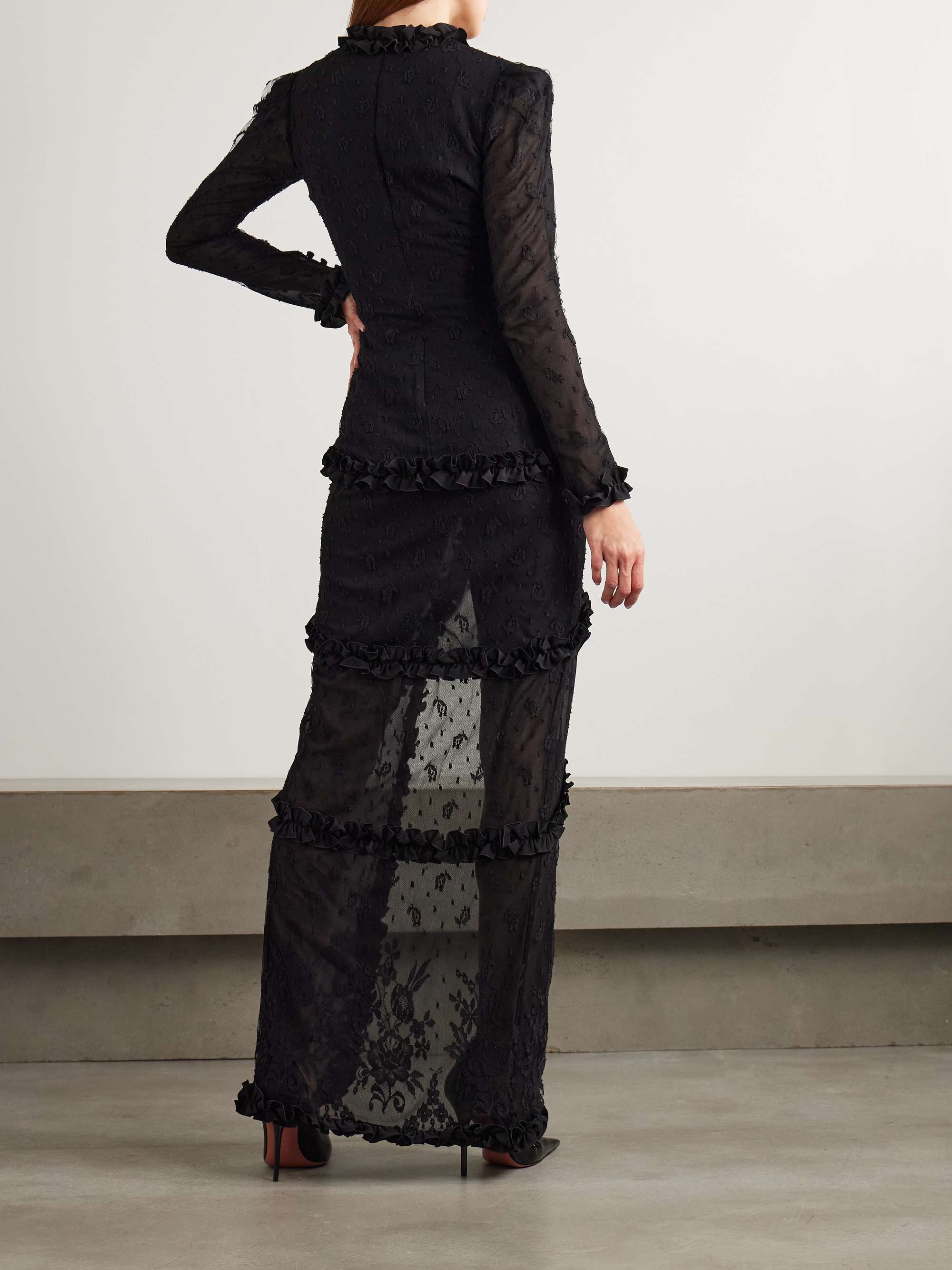 Ruffled crepe-trimmed embroidered point d'esprit gown view