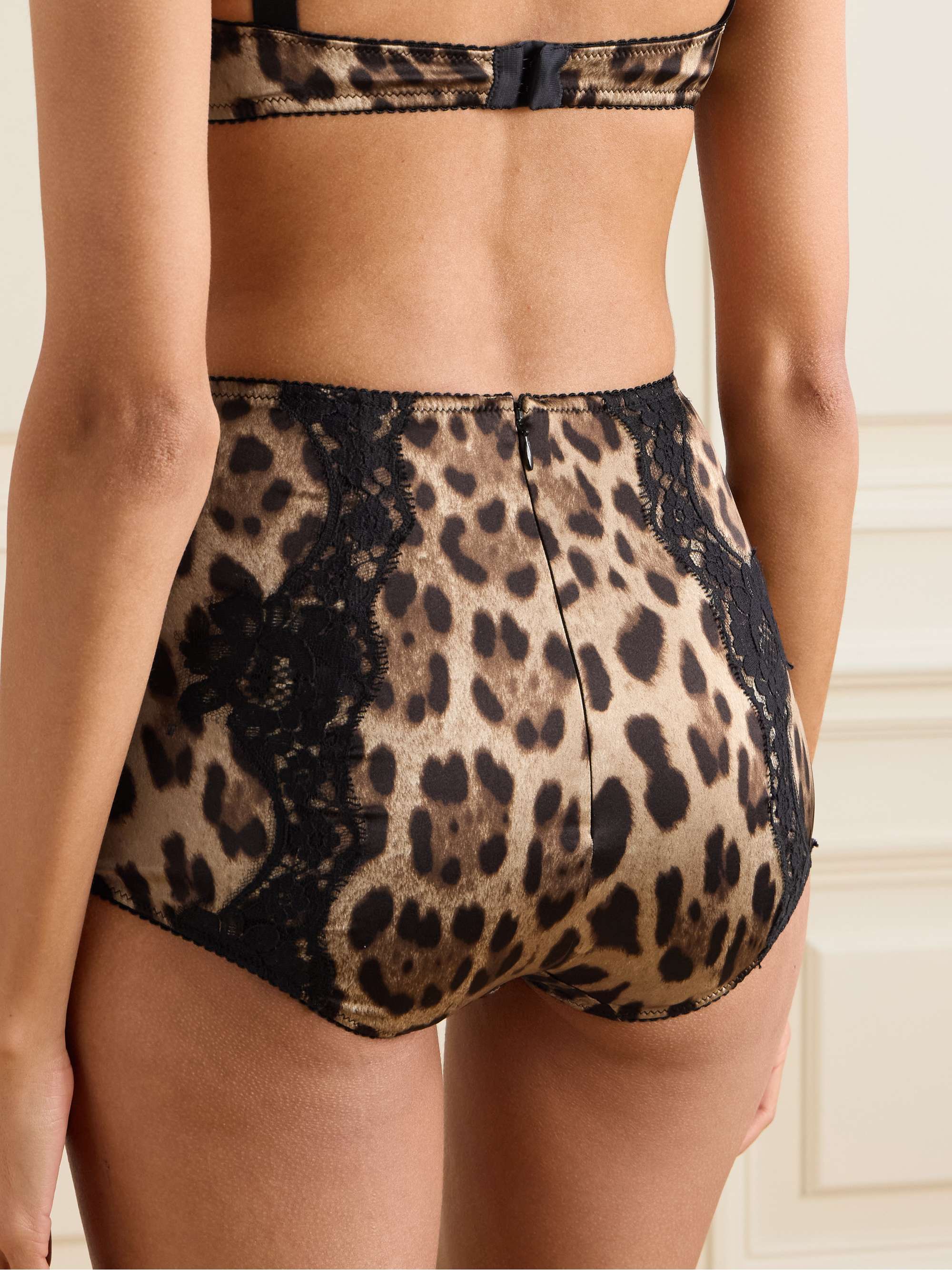 Lace-trimmed leopard-print silk-blend satin briefs view