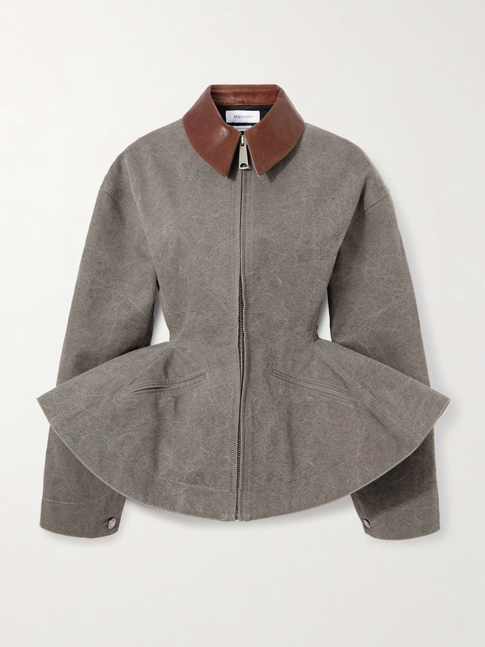 Paneled leather-trimmed cotton-canvas peplum jacket view