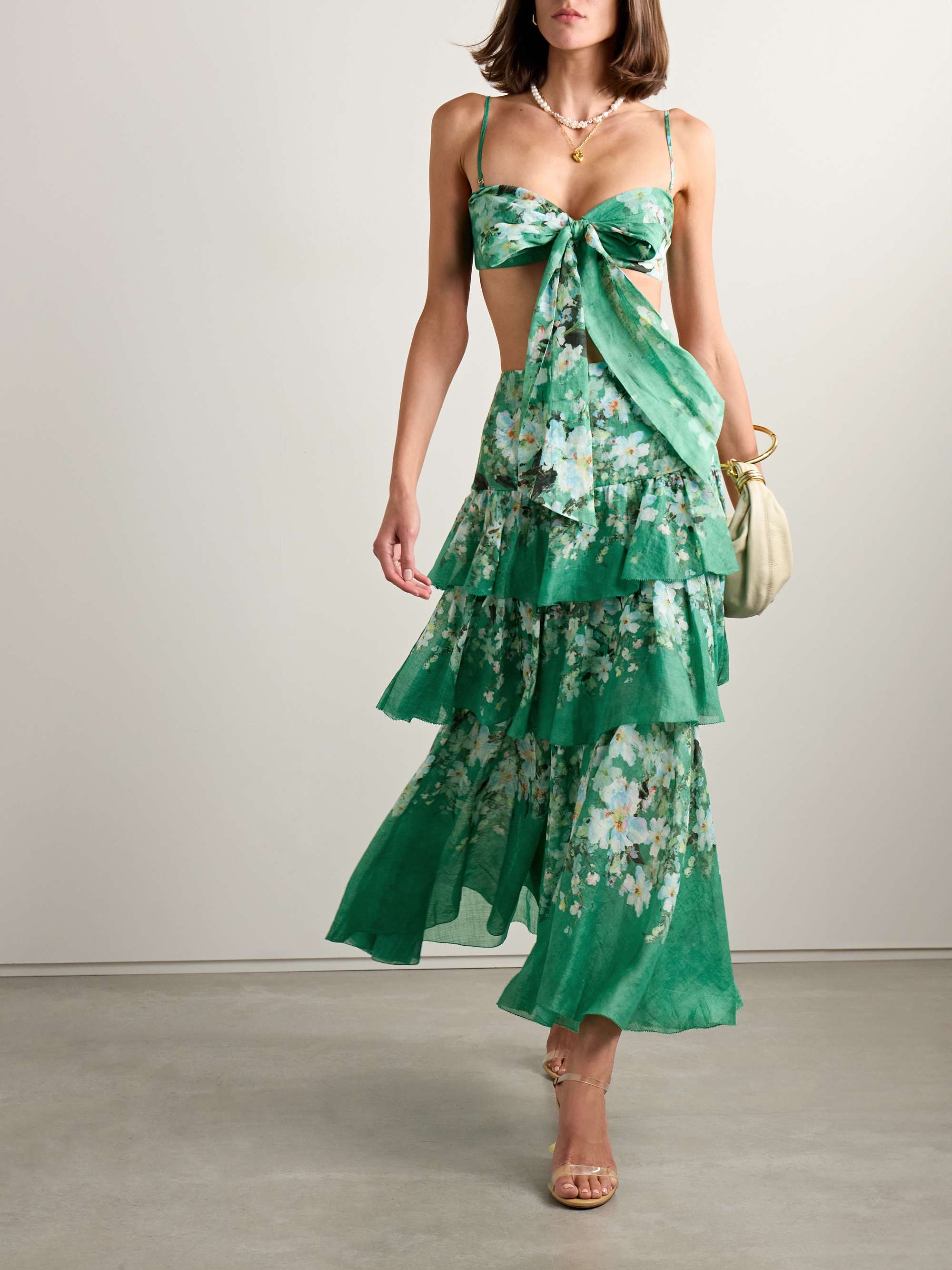 Everley cropped bow-detailed pleated floral-print ramie top view