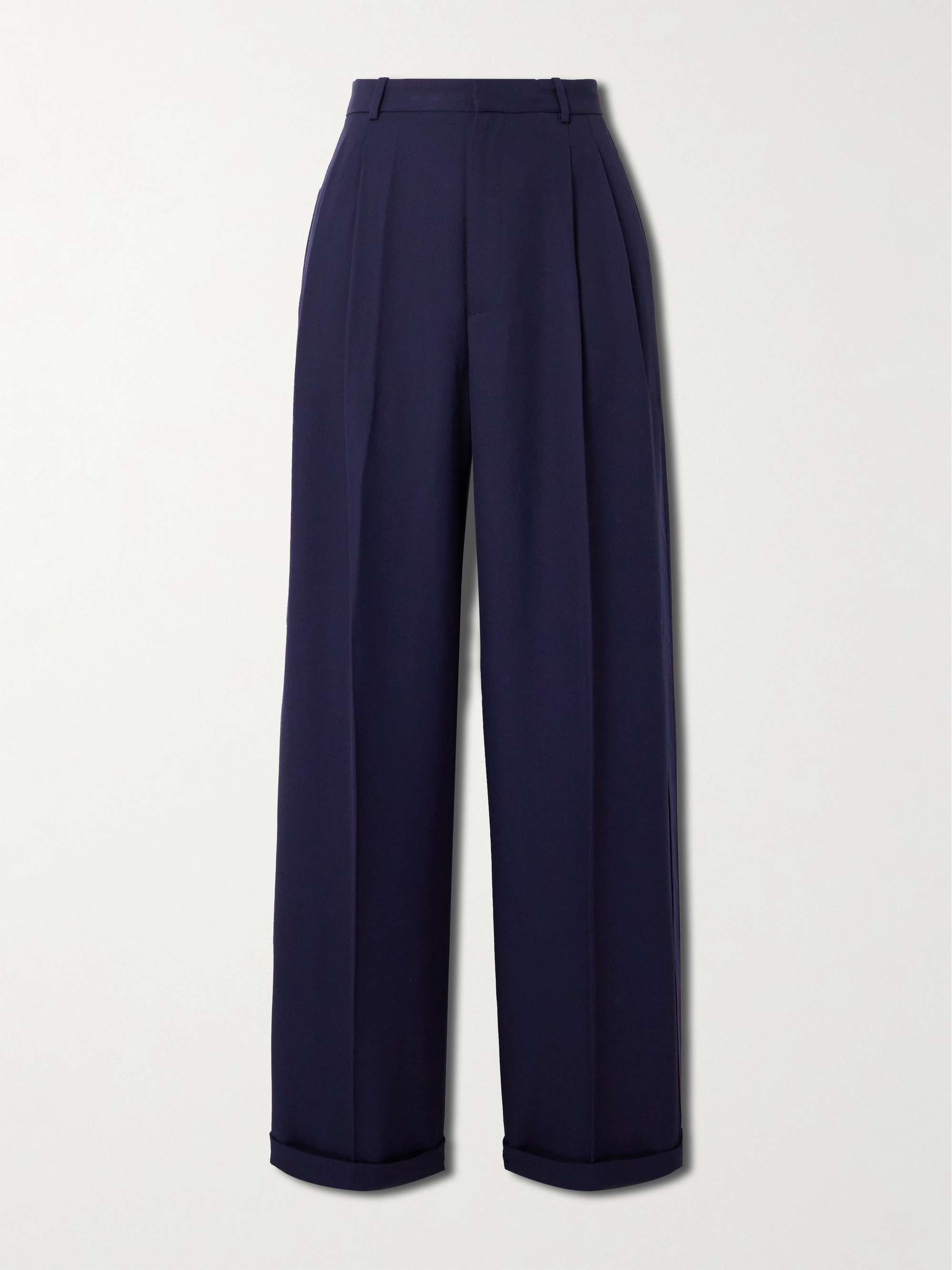 Pleated silk satin-trimmed wool wide-leg pants view