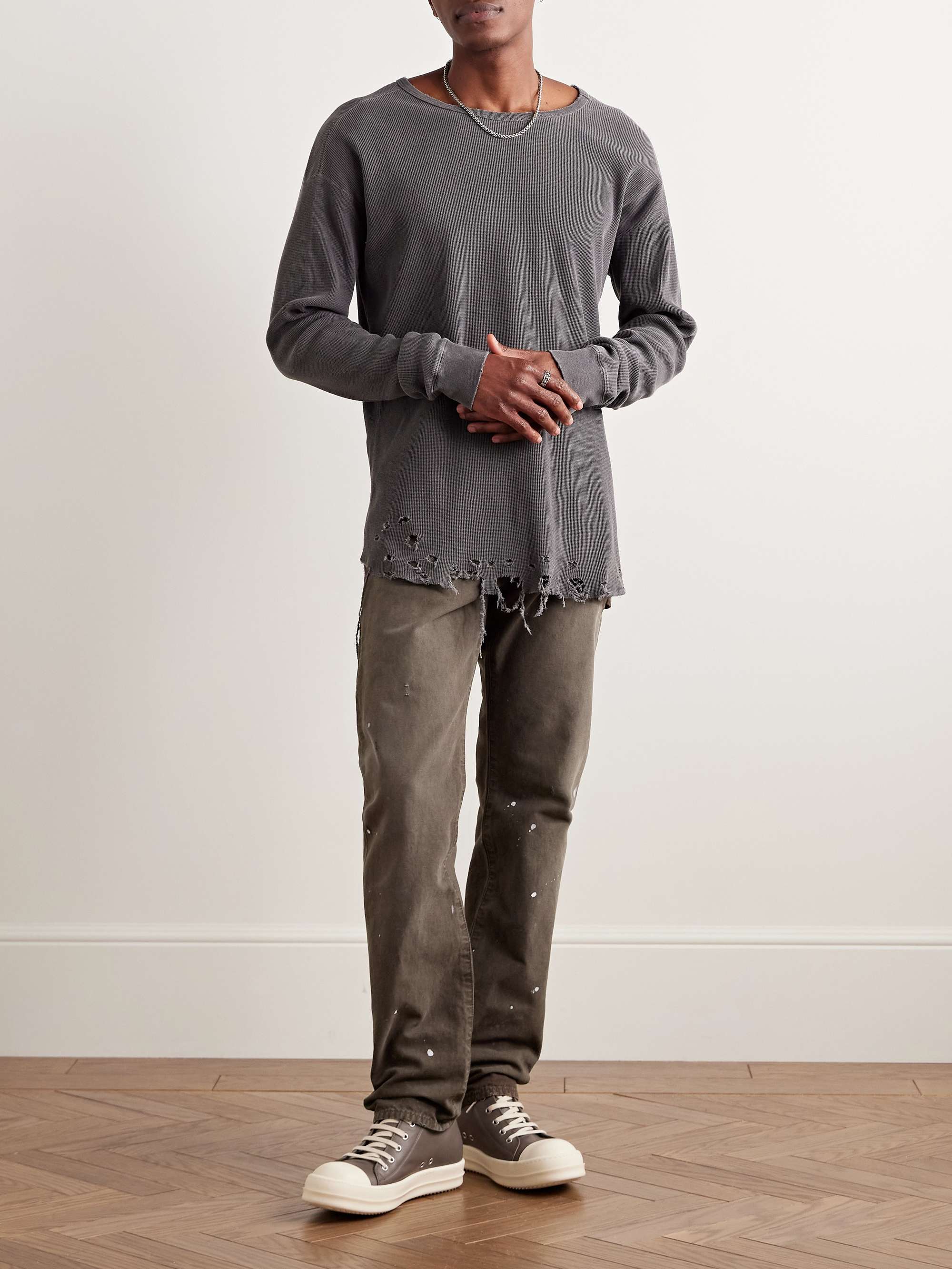 Straight-Leg Distressed Paint-Splattered Cotton-Canvas Trousers view
