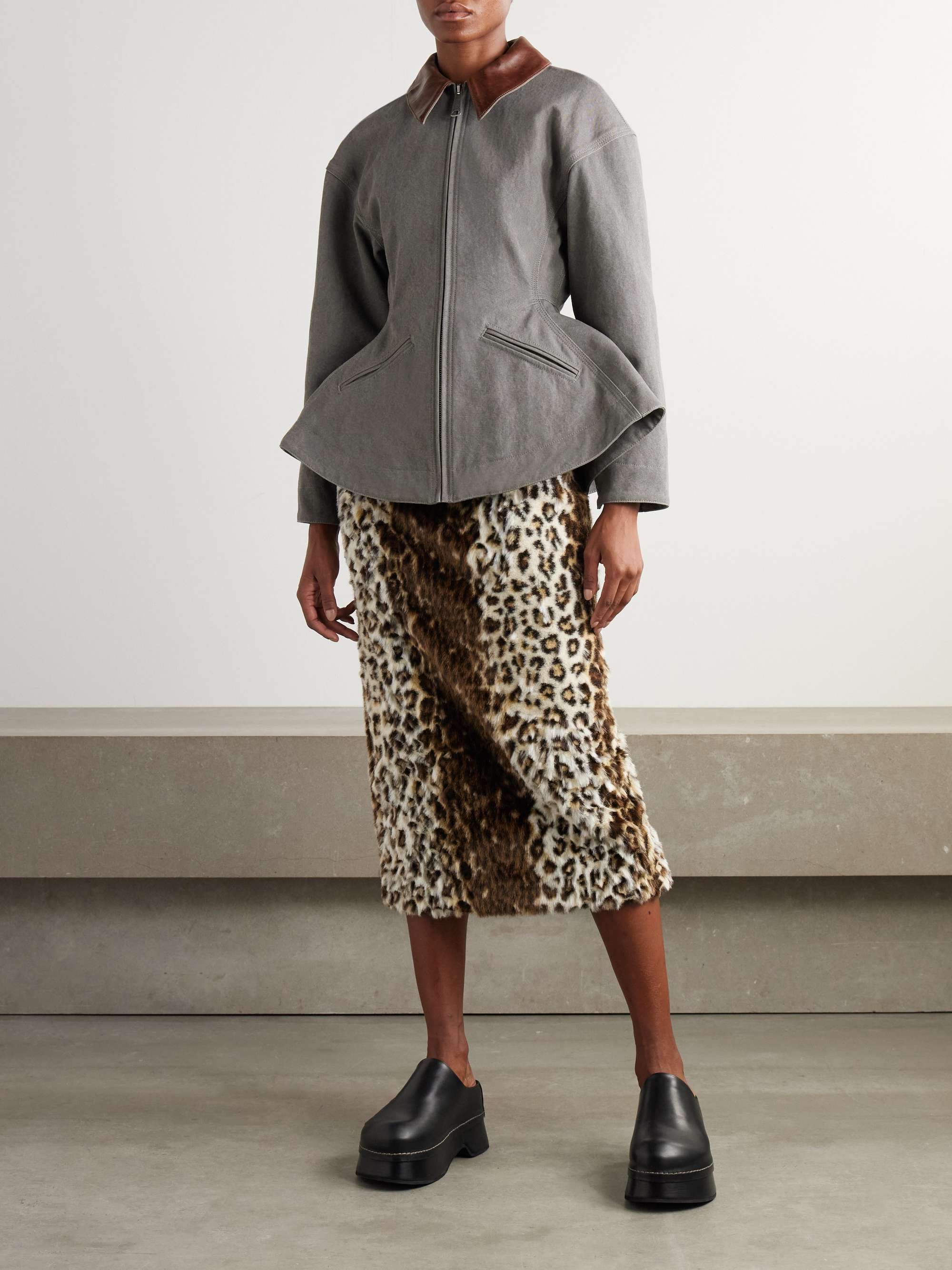 Paneled leather-trimmed cotton-canvas peplum jacket view