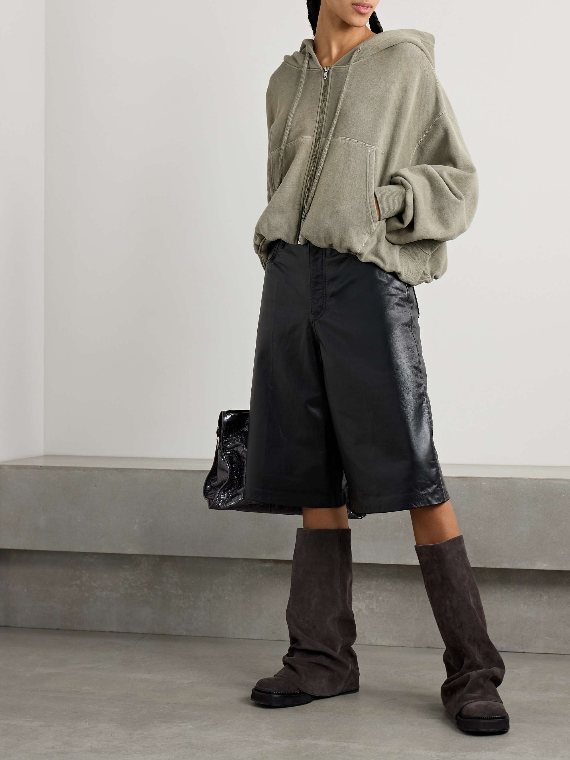 Balloon cropped gathered cotton-jersey hoodie view