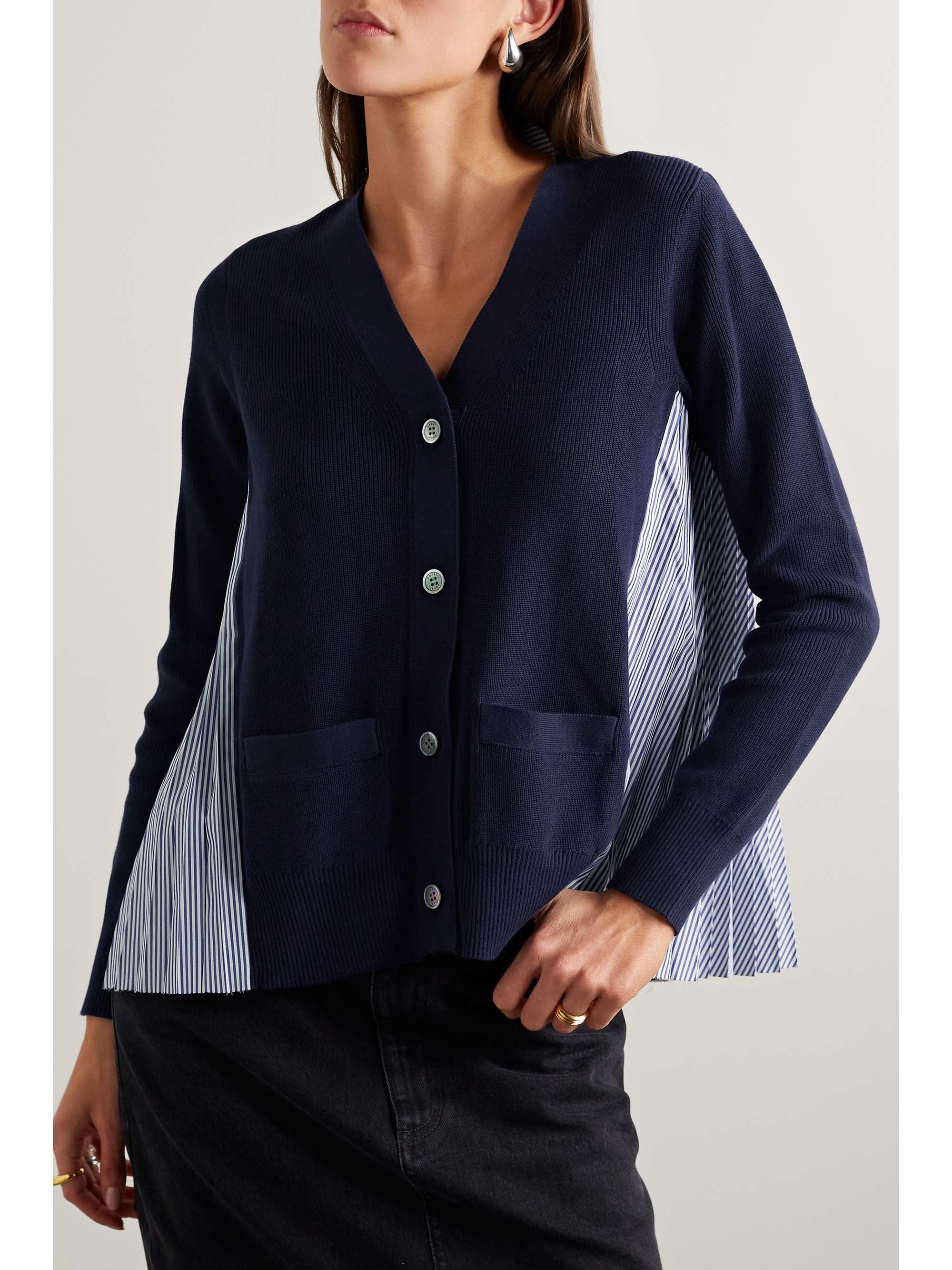 Cotton and pleated striped poplin cardigan view