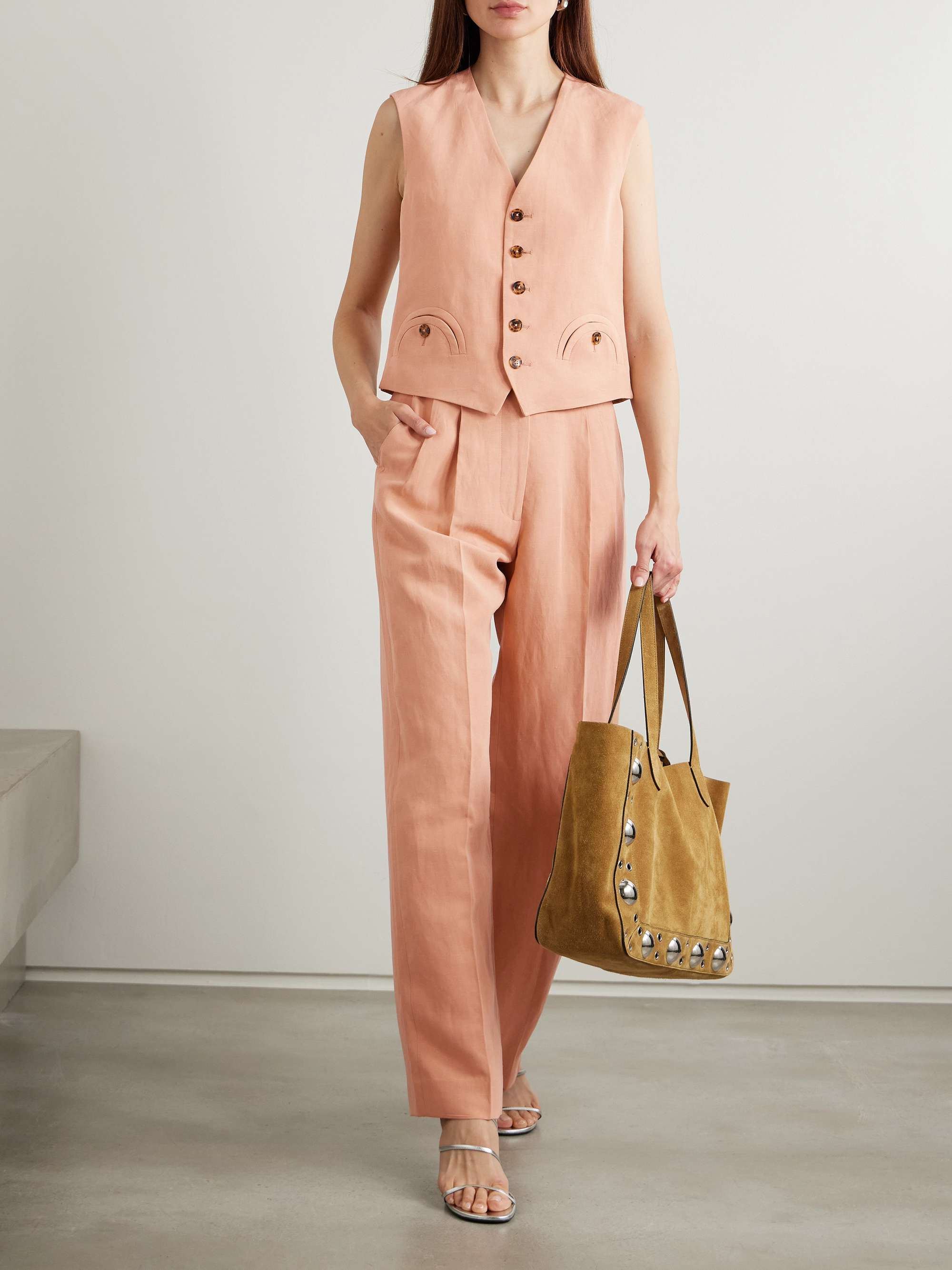 Flica Fox pleated silk and linen-blend straight-leg pants view