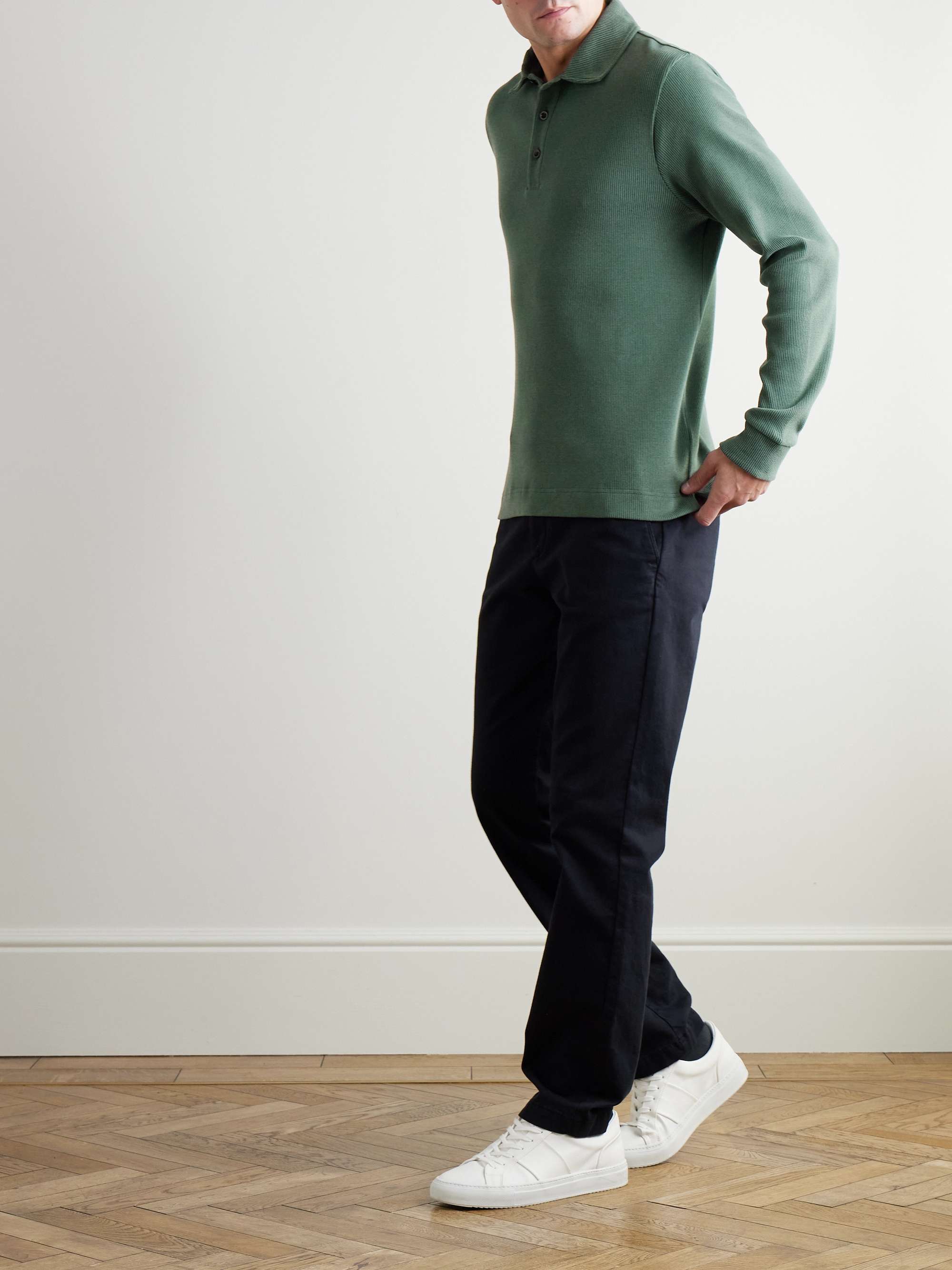 Ribbed Stretch Cotton and Merino Wool-Blend Polo Shirt view