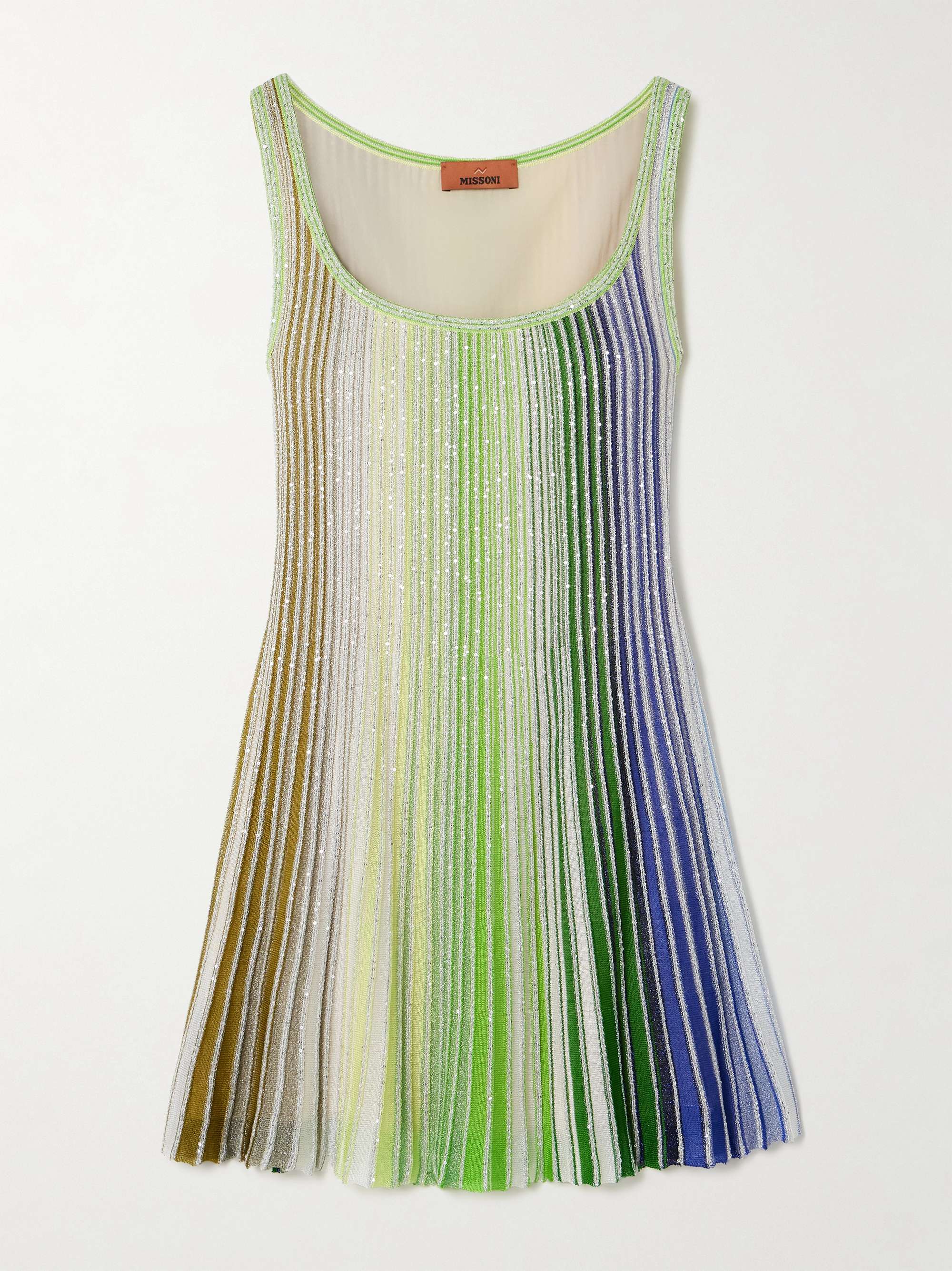 Sequin-embellished striped metallic crochet-knit mini dress view