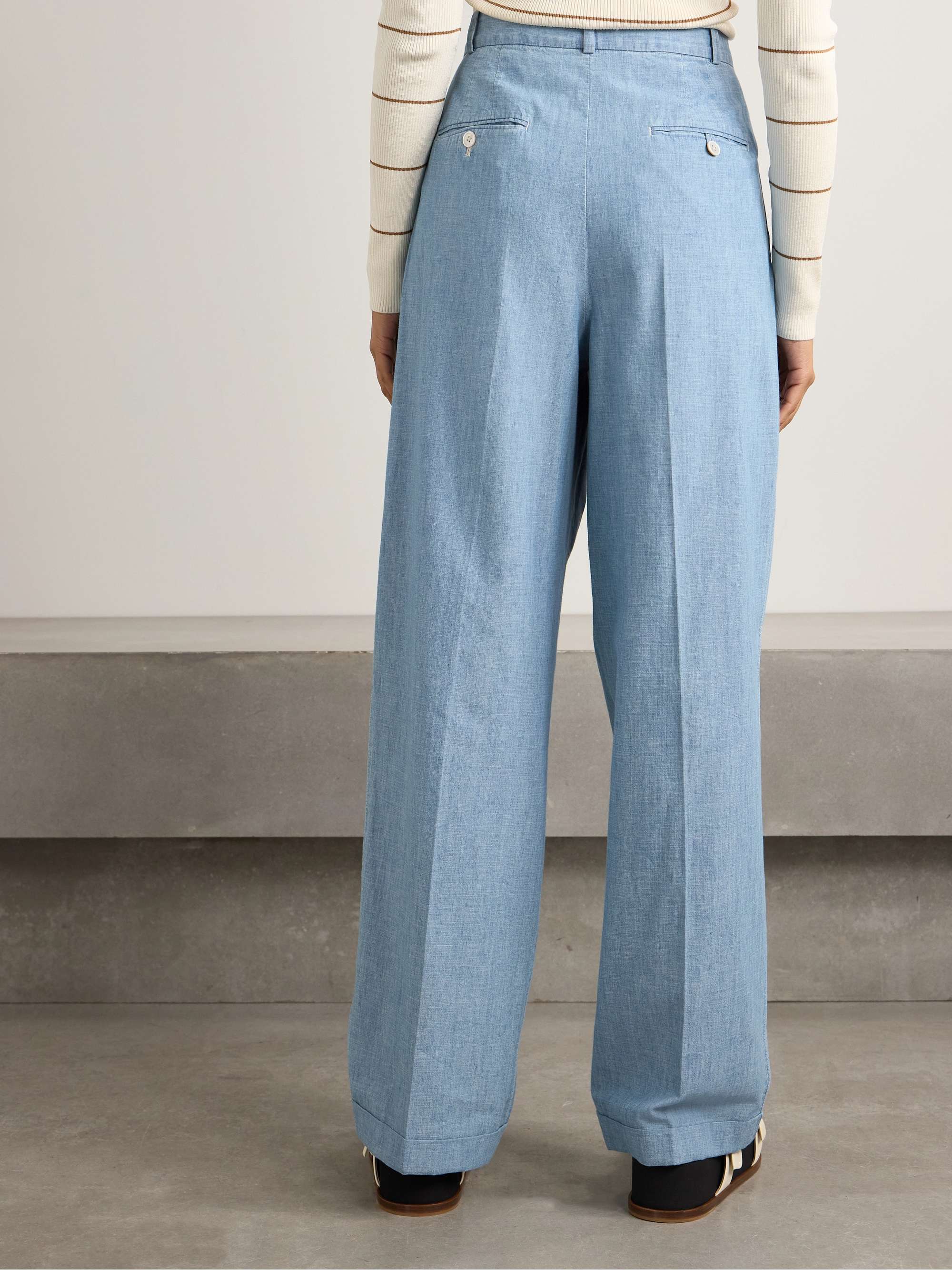 Pleated cotton-chambray wide-leg pants view