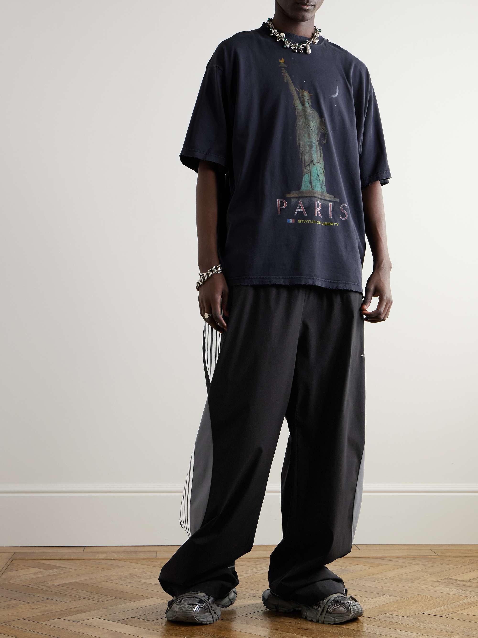 Wide-Leg Layered Striped Tech-Jersey and Shell Track Pants view