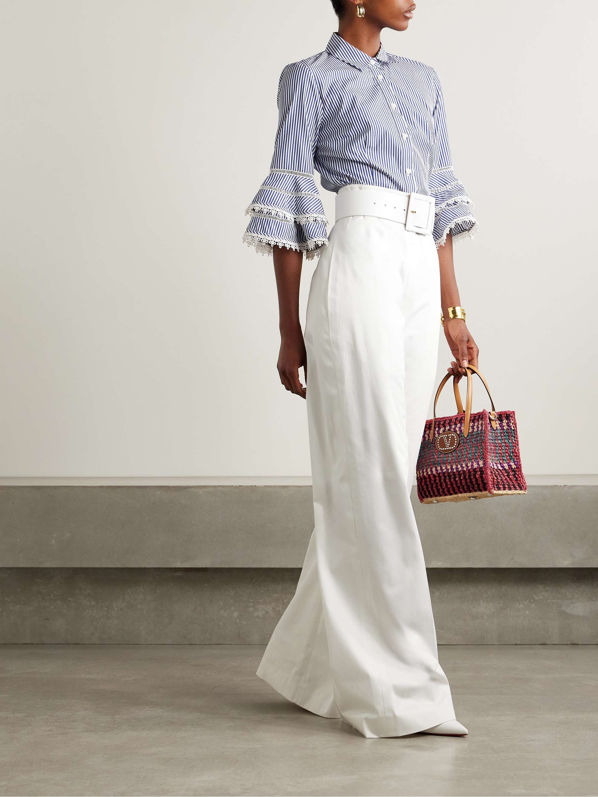 Ruffled guipure lace-trimmed striped cotton-poplin shirt view