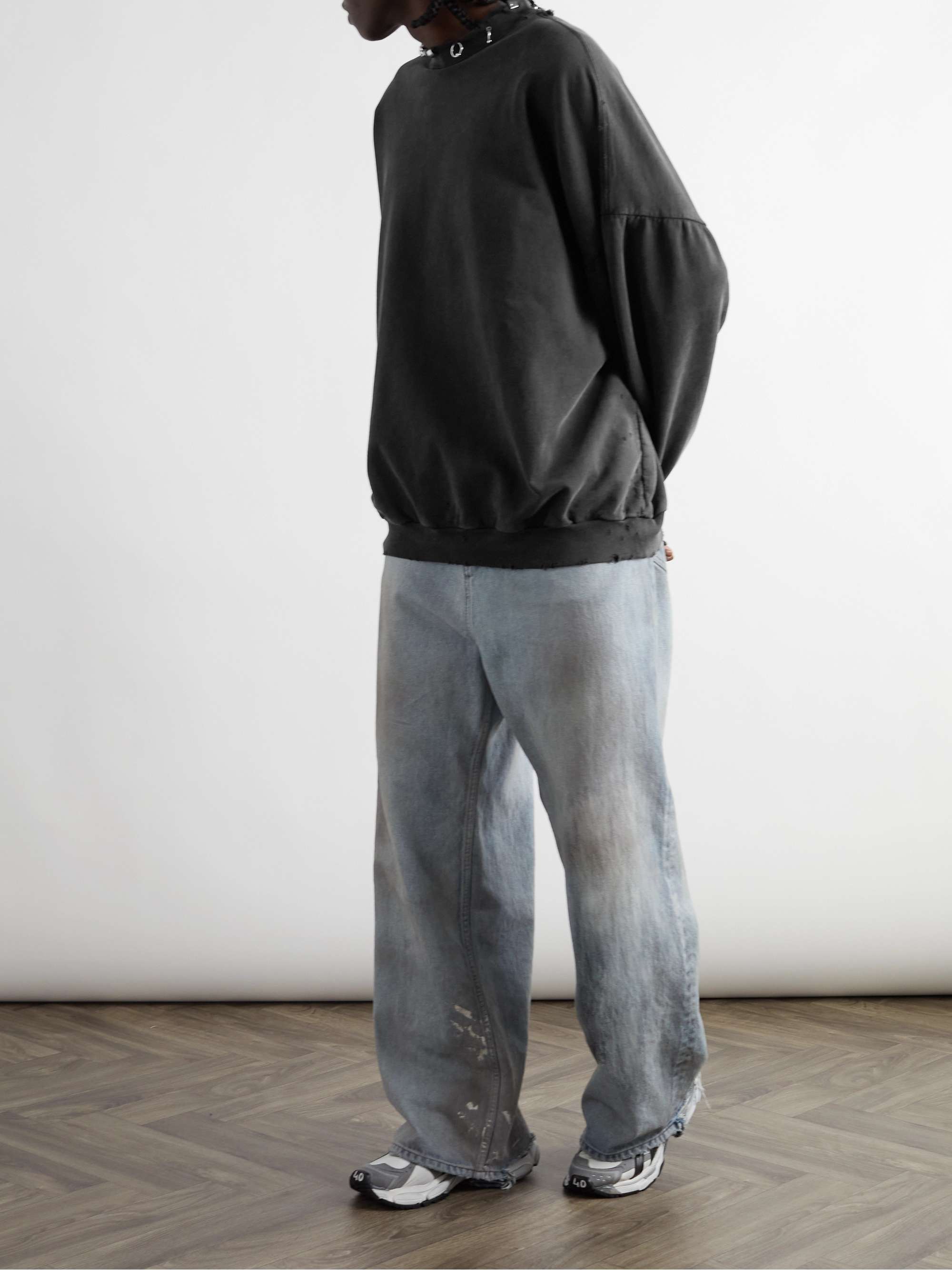 Pierced Embellished Distressed Cotton-Jersey Sweatshirt view