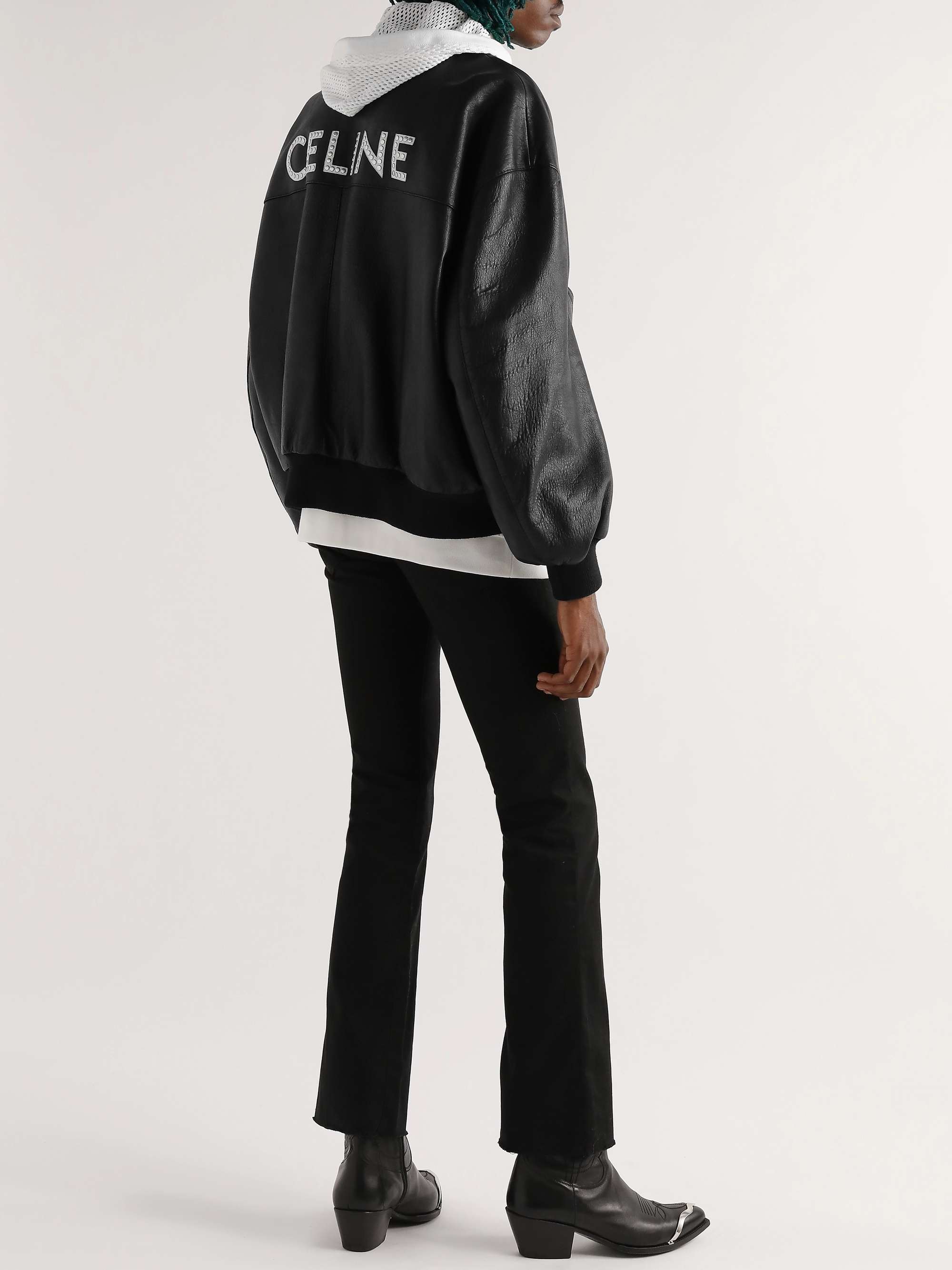 Studded Logo-Print Leather Bomber Jacket view