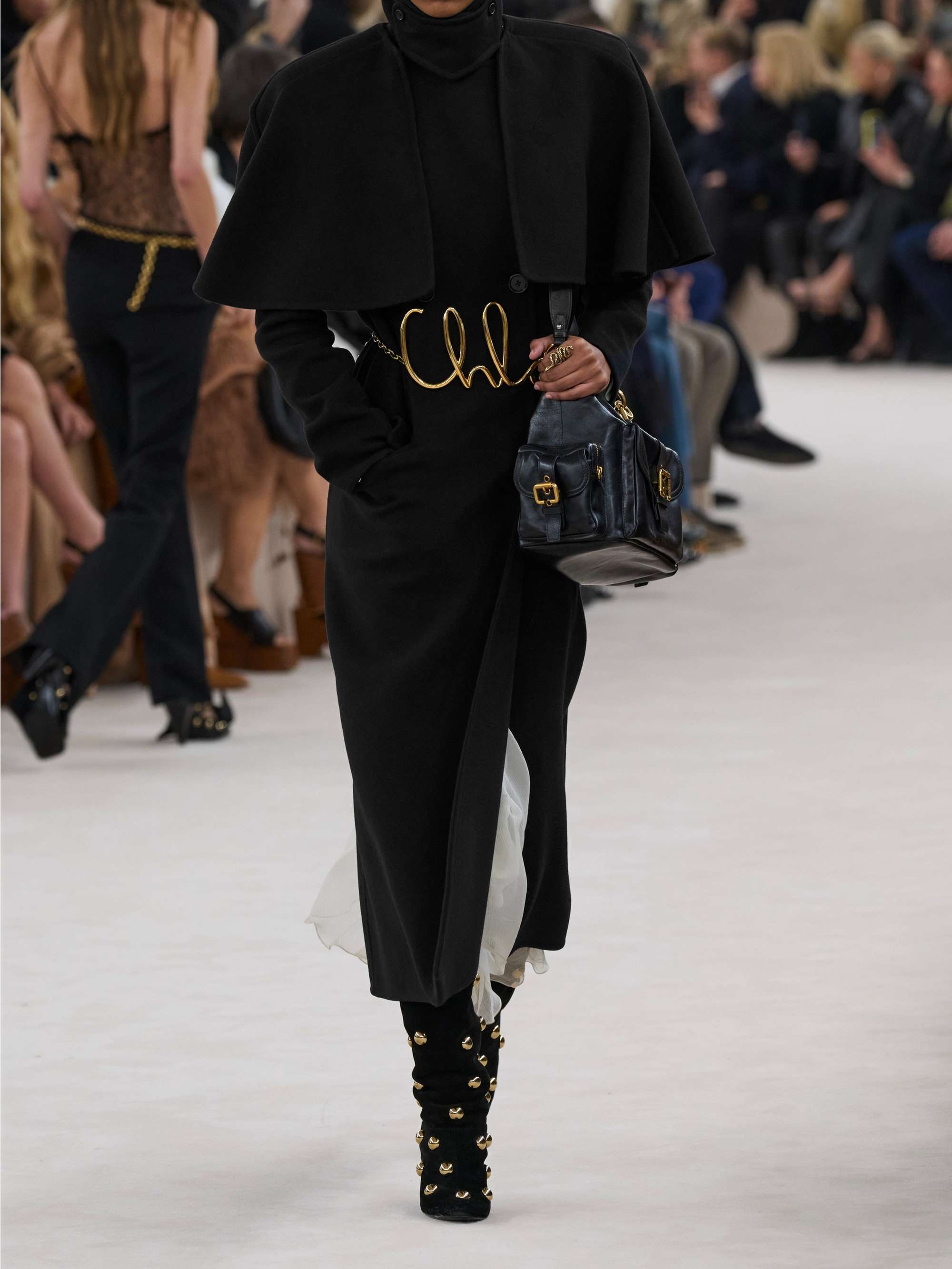 Cape-effect double-breasted leather-trimmed wool coat view
