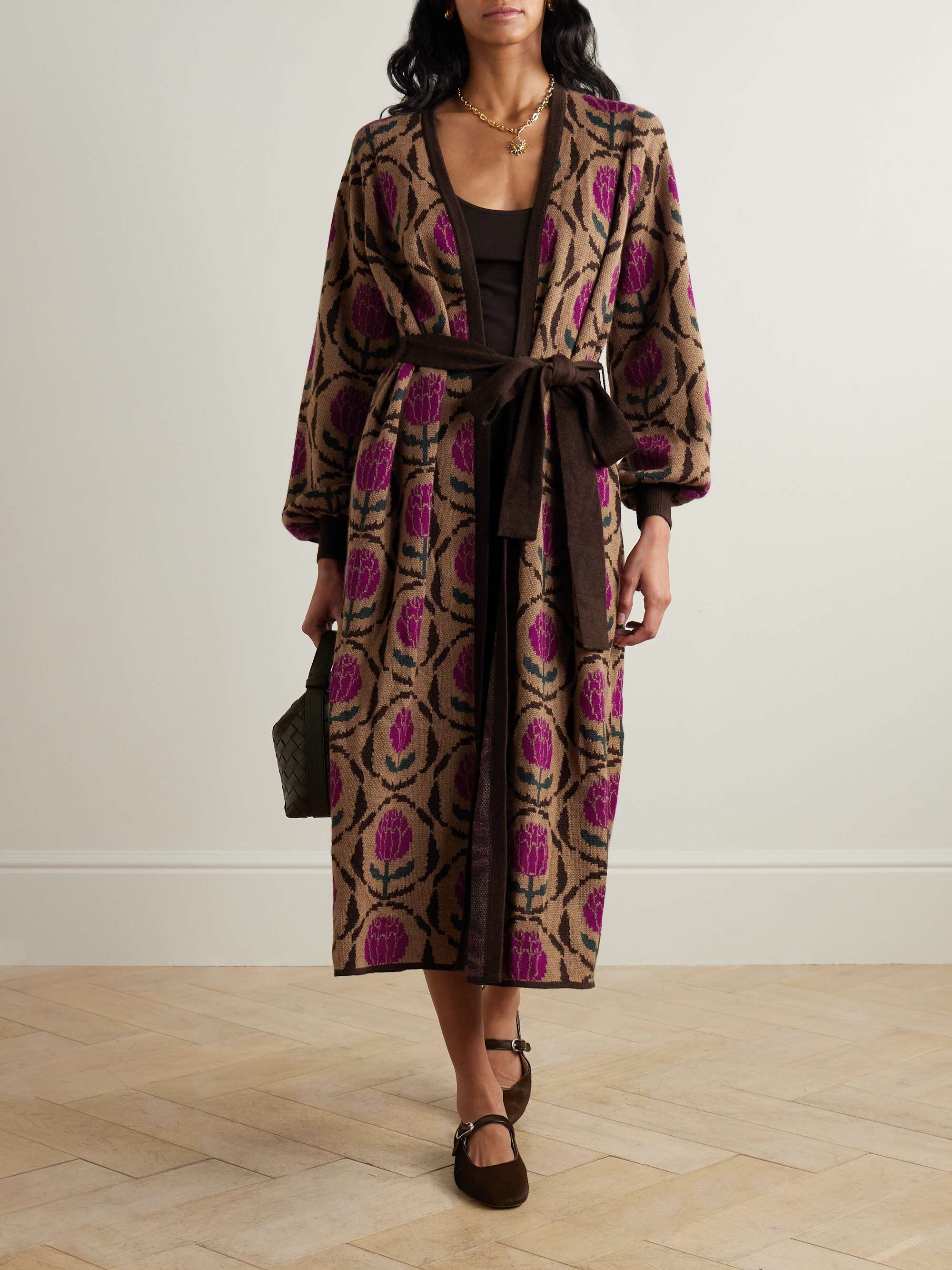 + ESCVDO Wayna belted floral-jacquard alpaca cardigan view