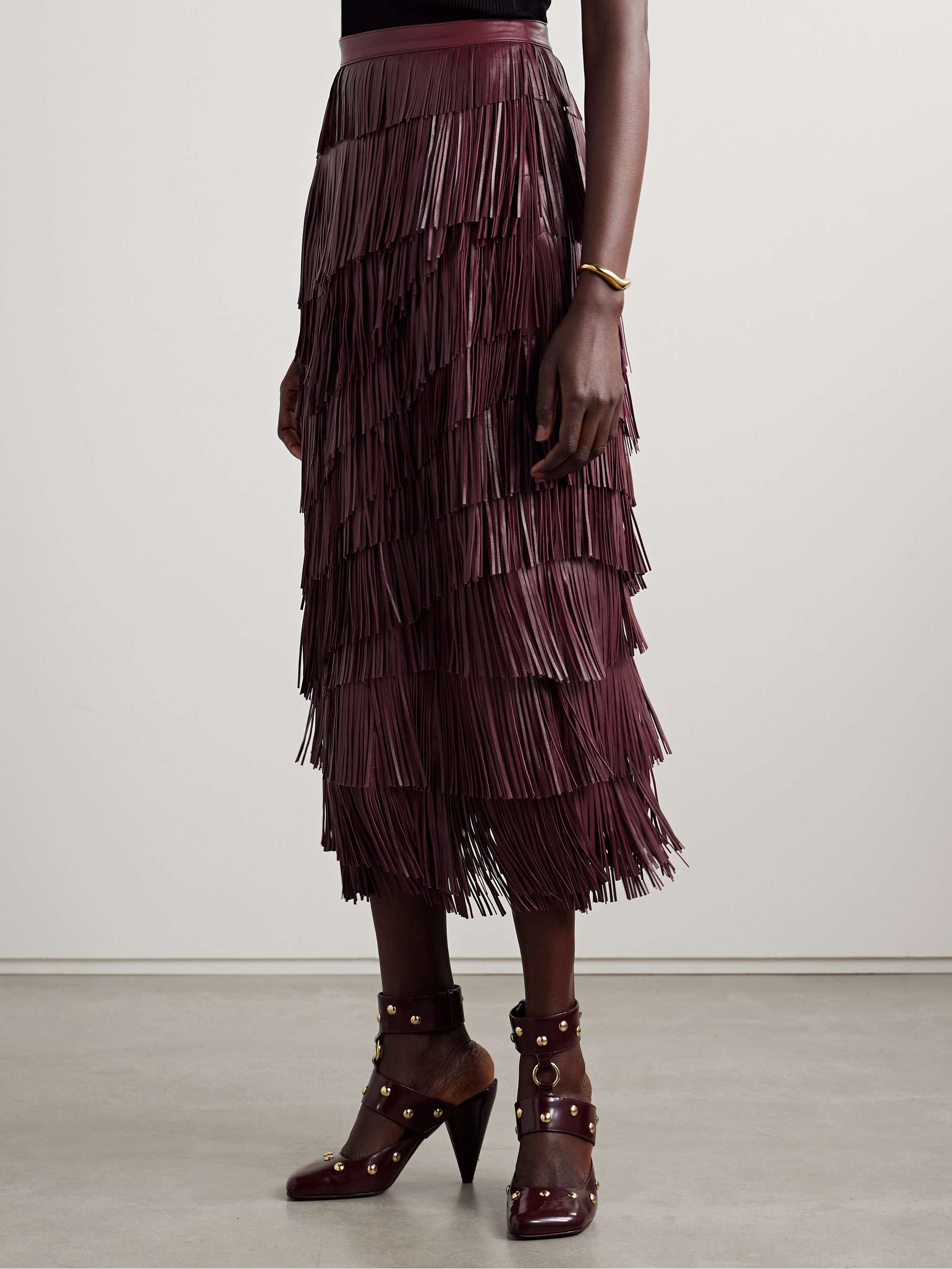 Therese tiered fringed leather midi skirt view