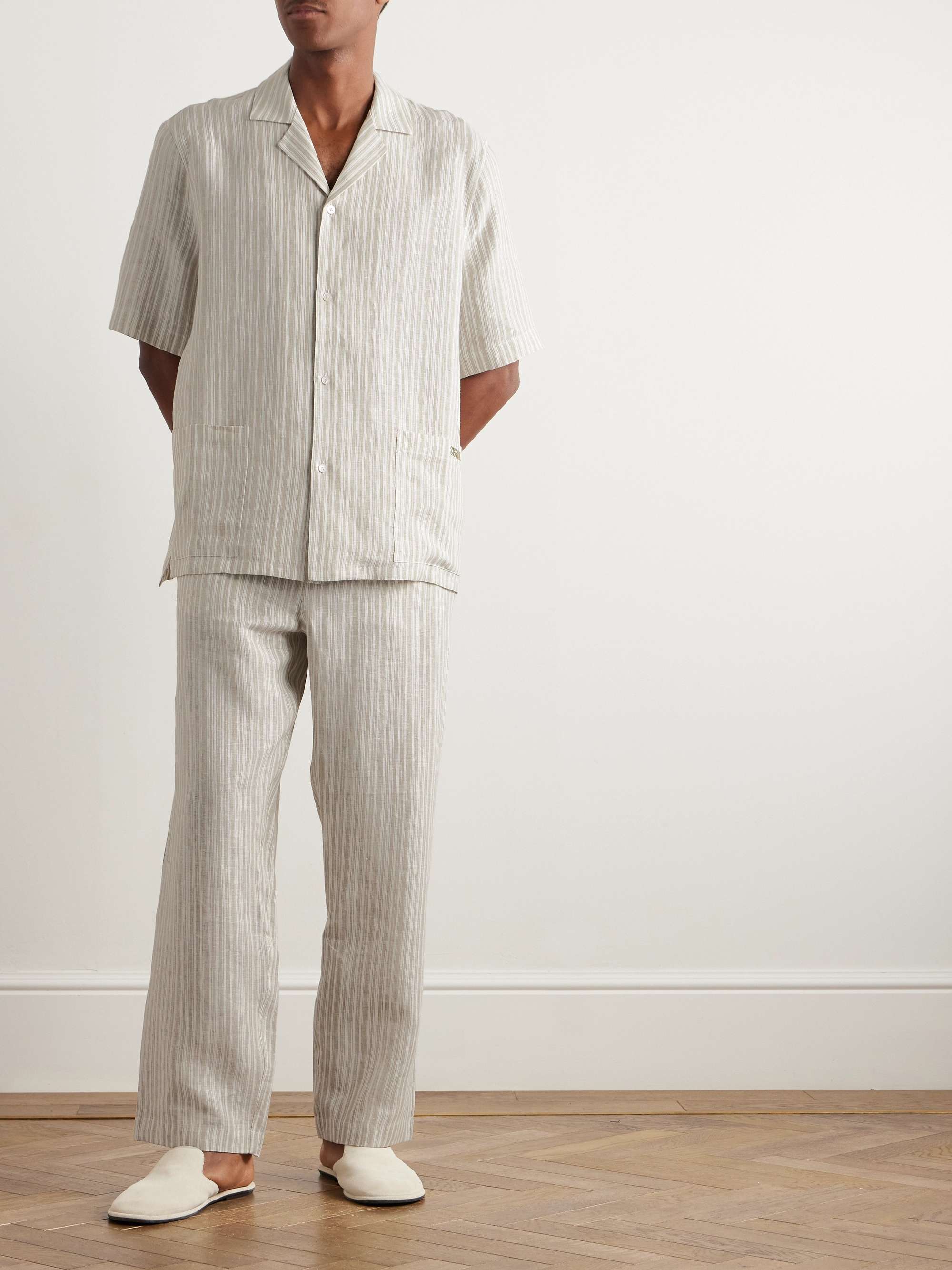 Logo-Embroidered Striped Linen Pyjama Set view