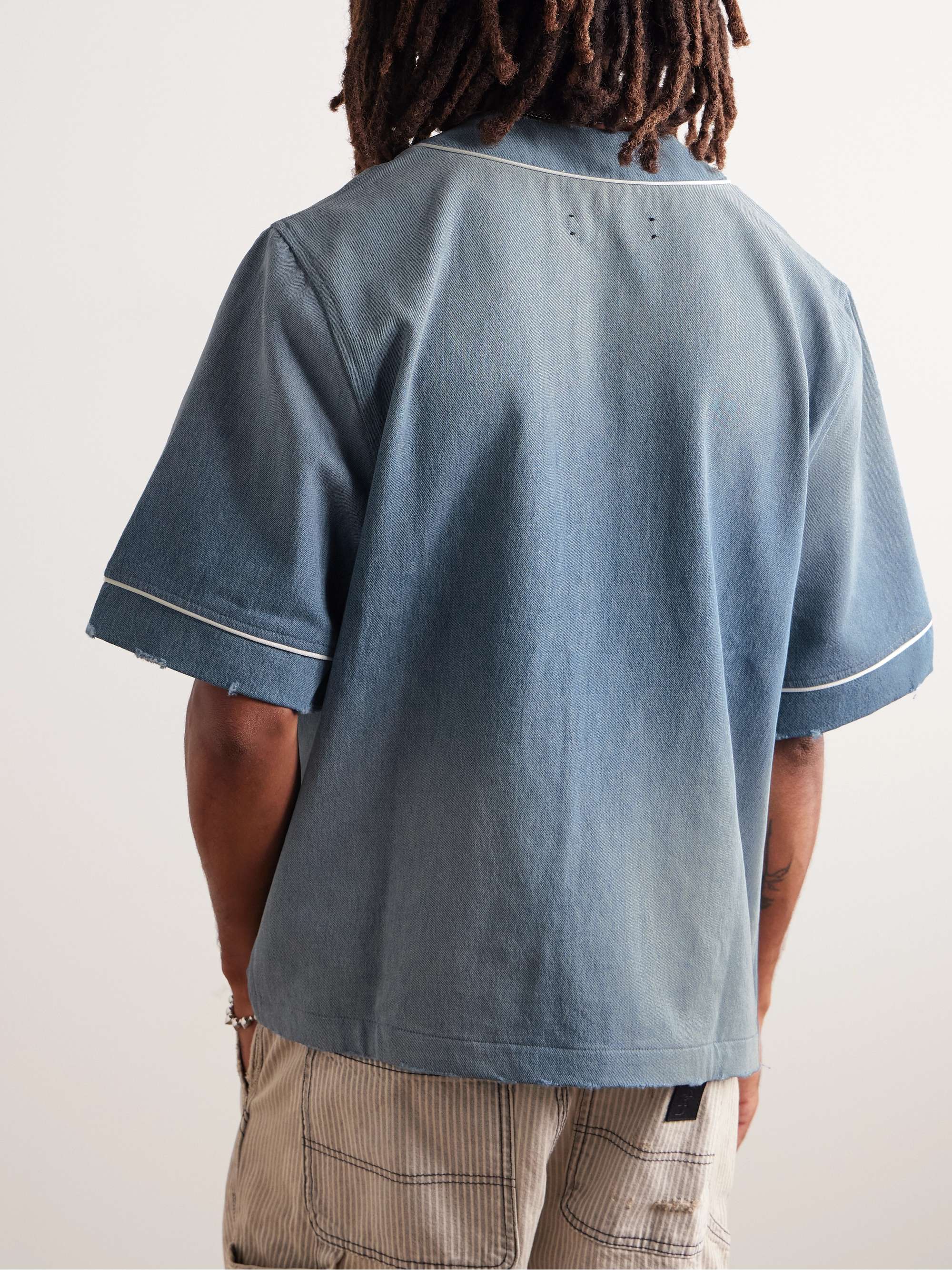 Logo-Appliquéd Distressed Denim Shirt view