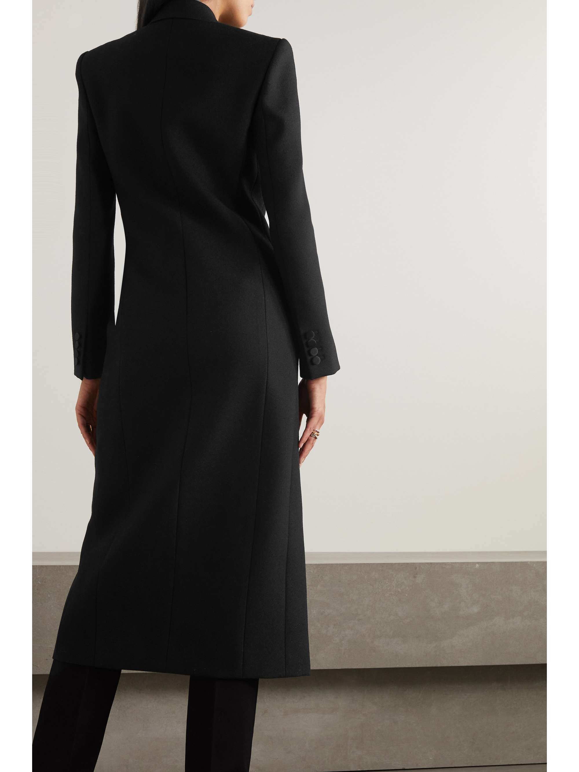 Double-breasted silk-trimmed wool coat view