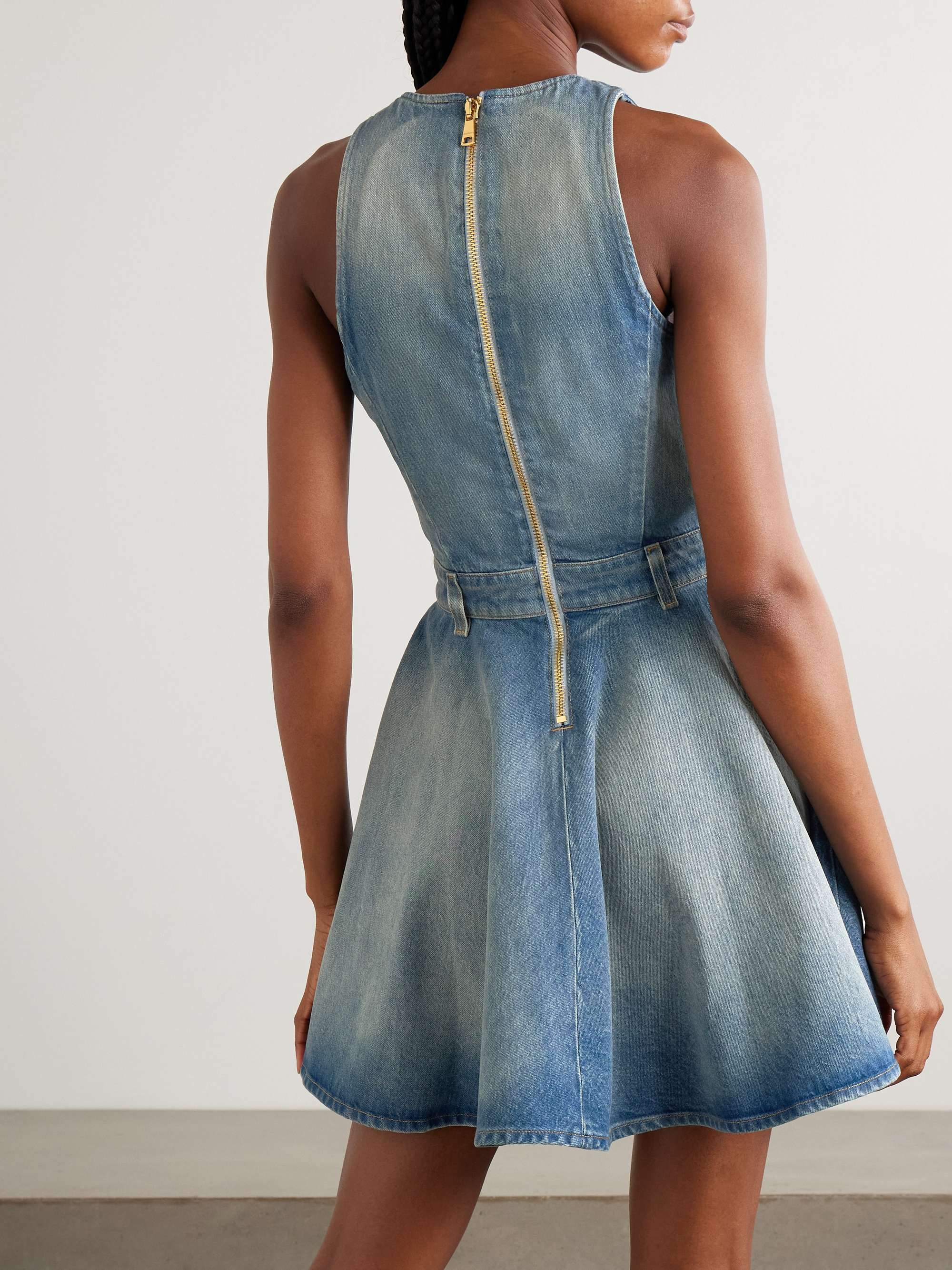 Button-embellished embroidered denim mini dress view