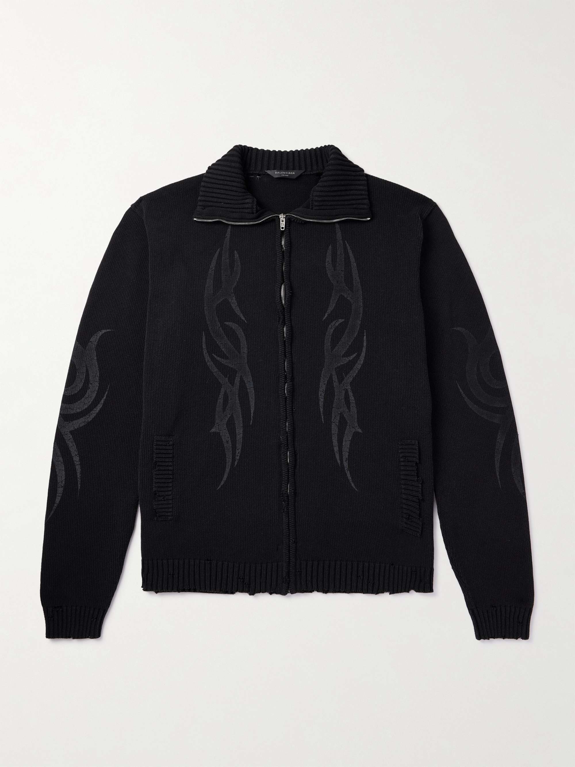 Oversized Distressed Printed Knitted Zip-Up Cardigan view
