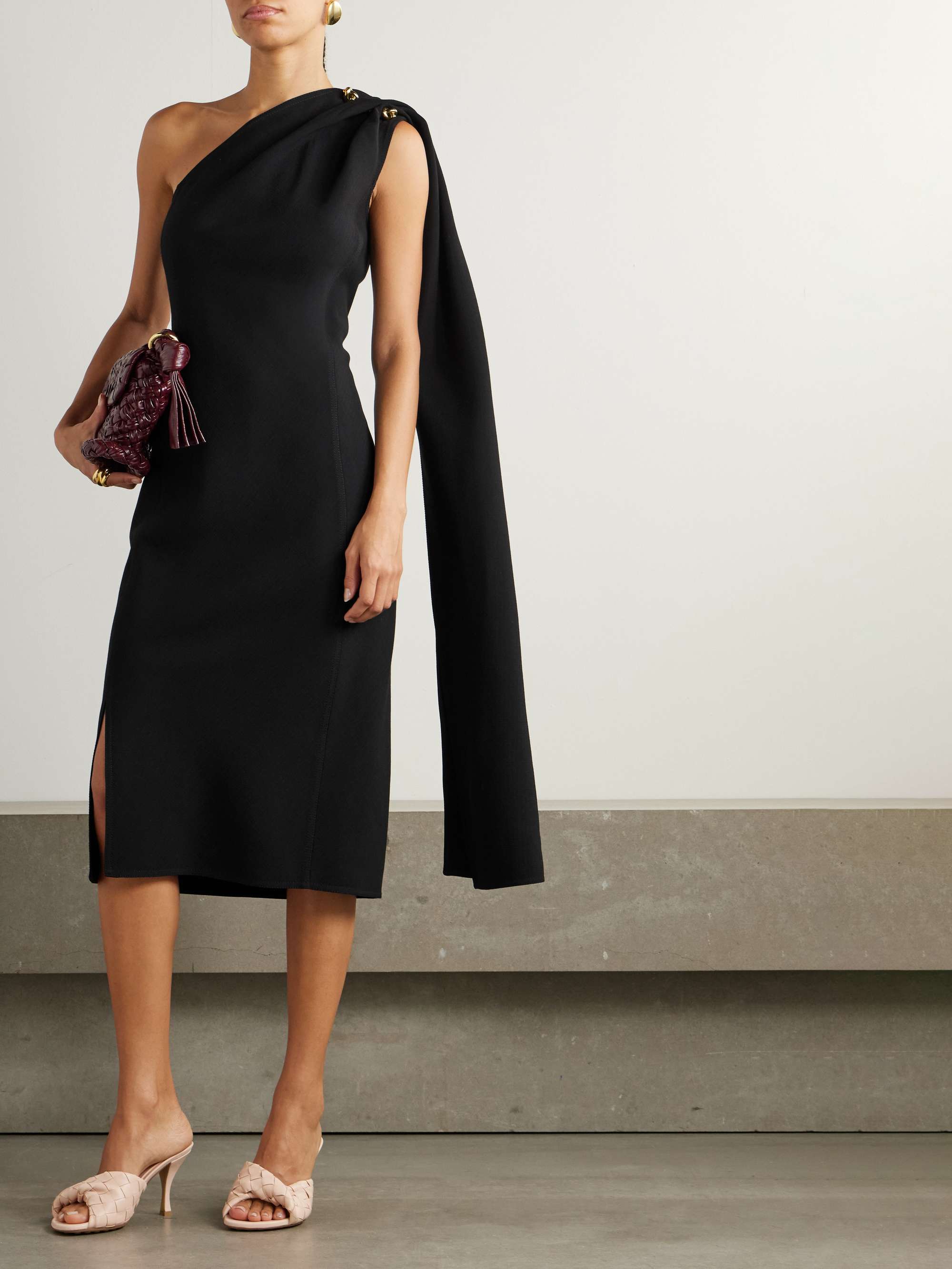 Cape-effect embellished one-shoulder crepe midi dress view