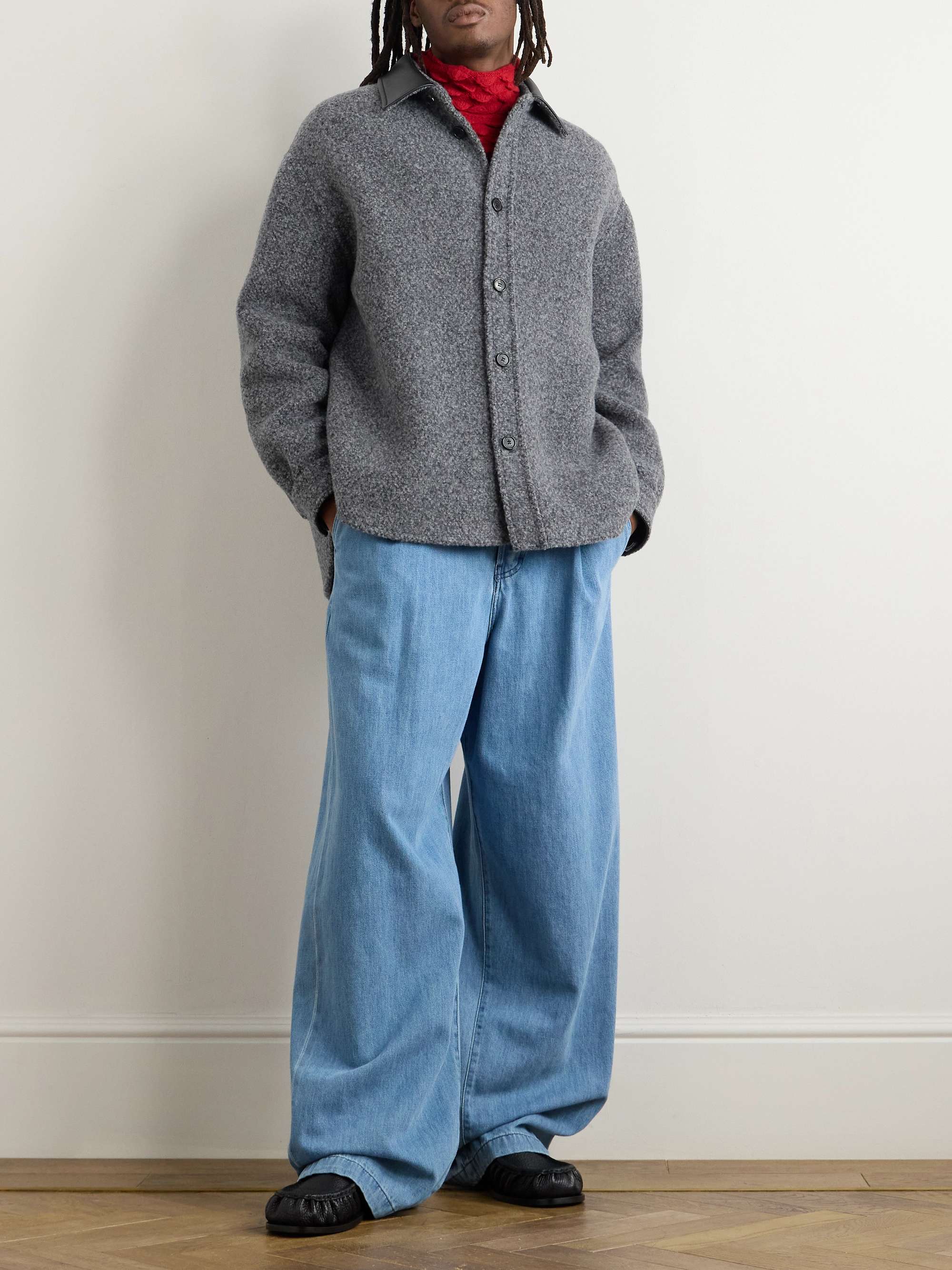 Leather-Trimmed Double-Faced Wool-Blend Bouclé Overshirt view