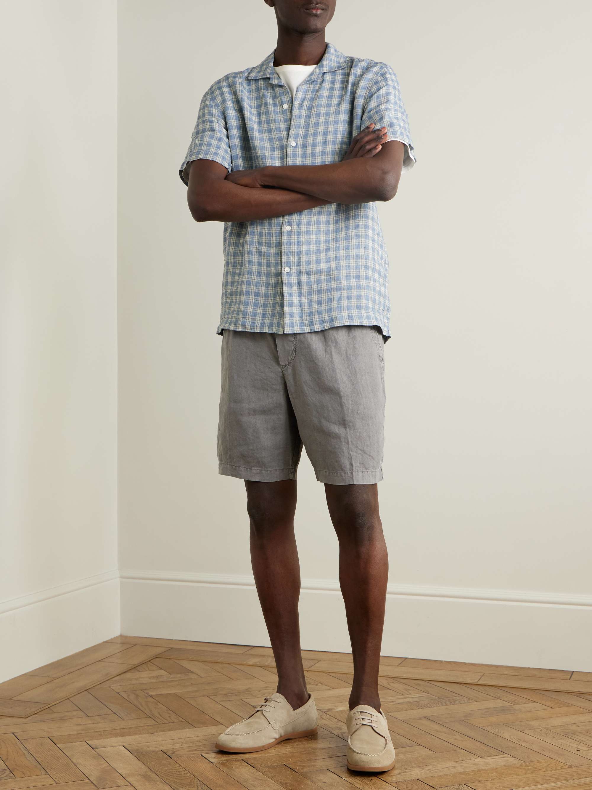 Camp-Collar Checked Crinkled-Linen Shirt view