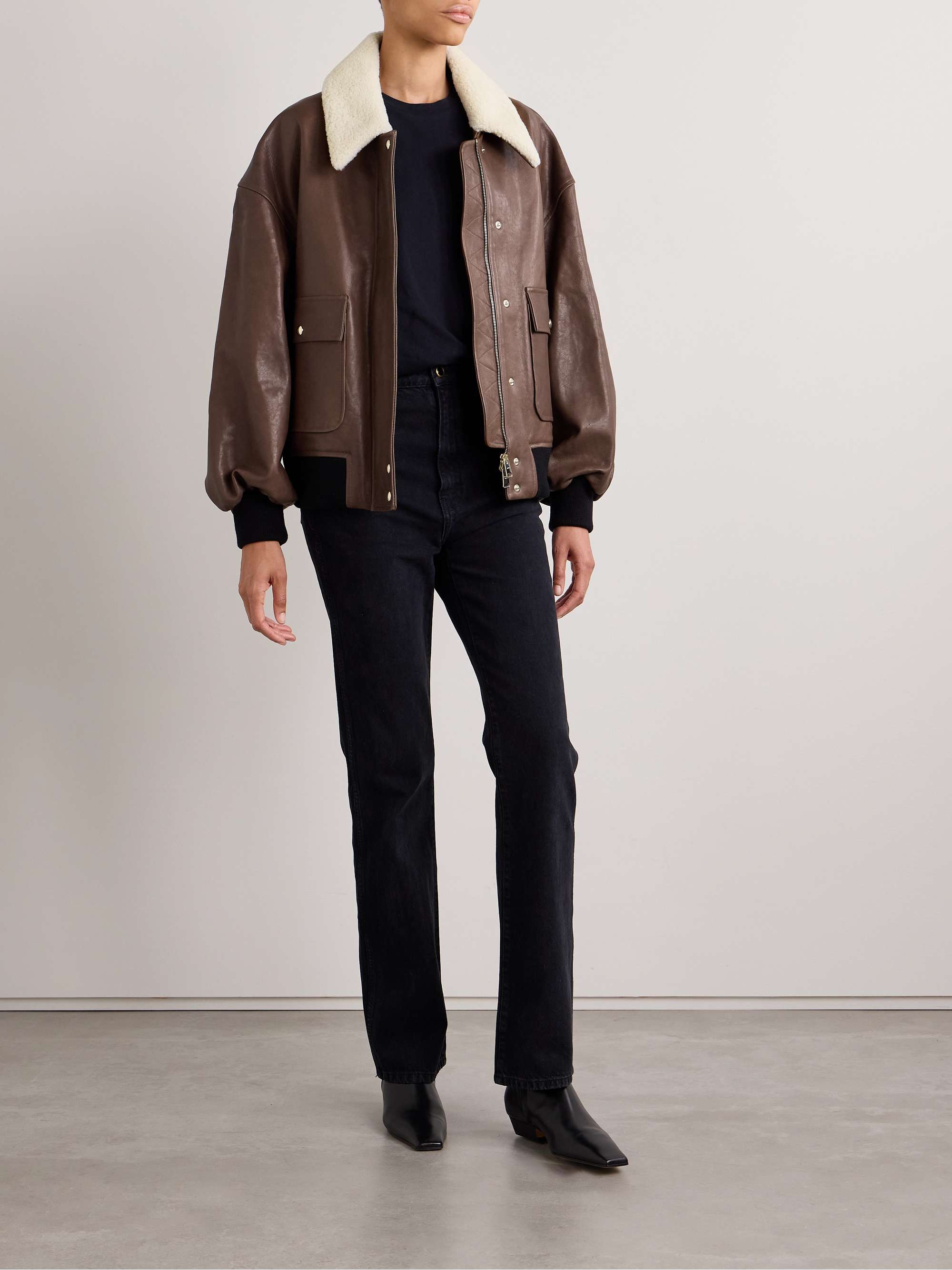 Shellar oversized shearling-trimmed leather jacket view