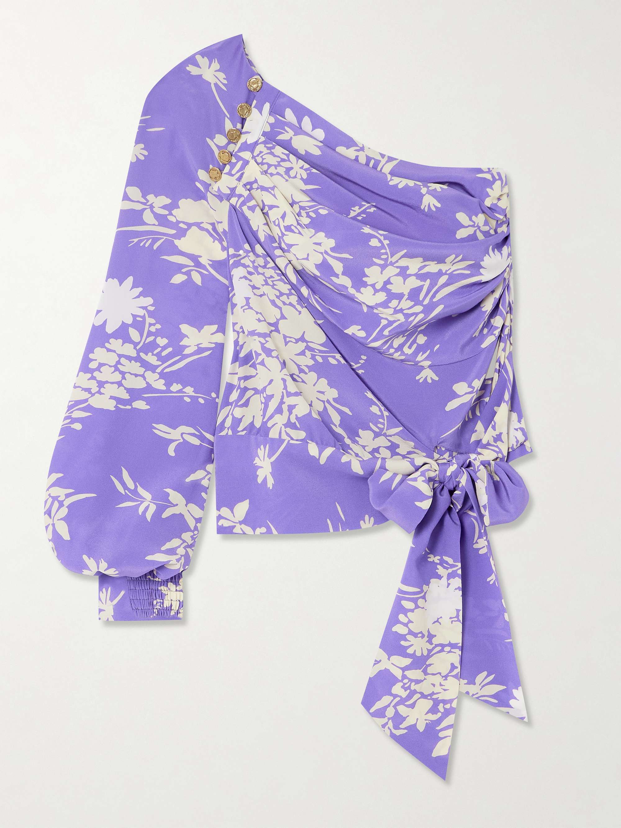Solange one-shoulder draped floral-print silk crepe de chine top view