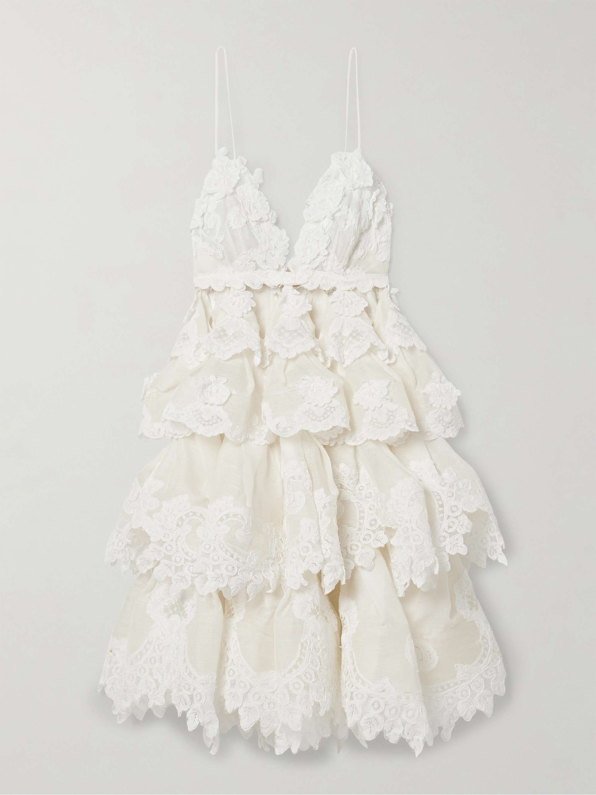 Crush tiered ruffled lace-trimmed linen and silk-blend mini dress view