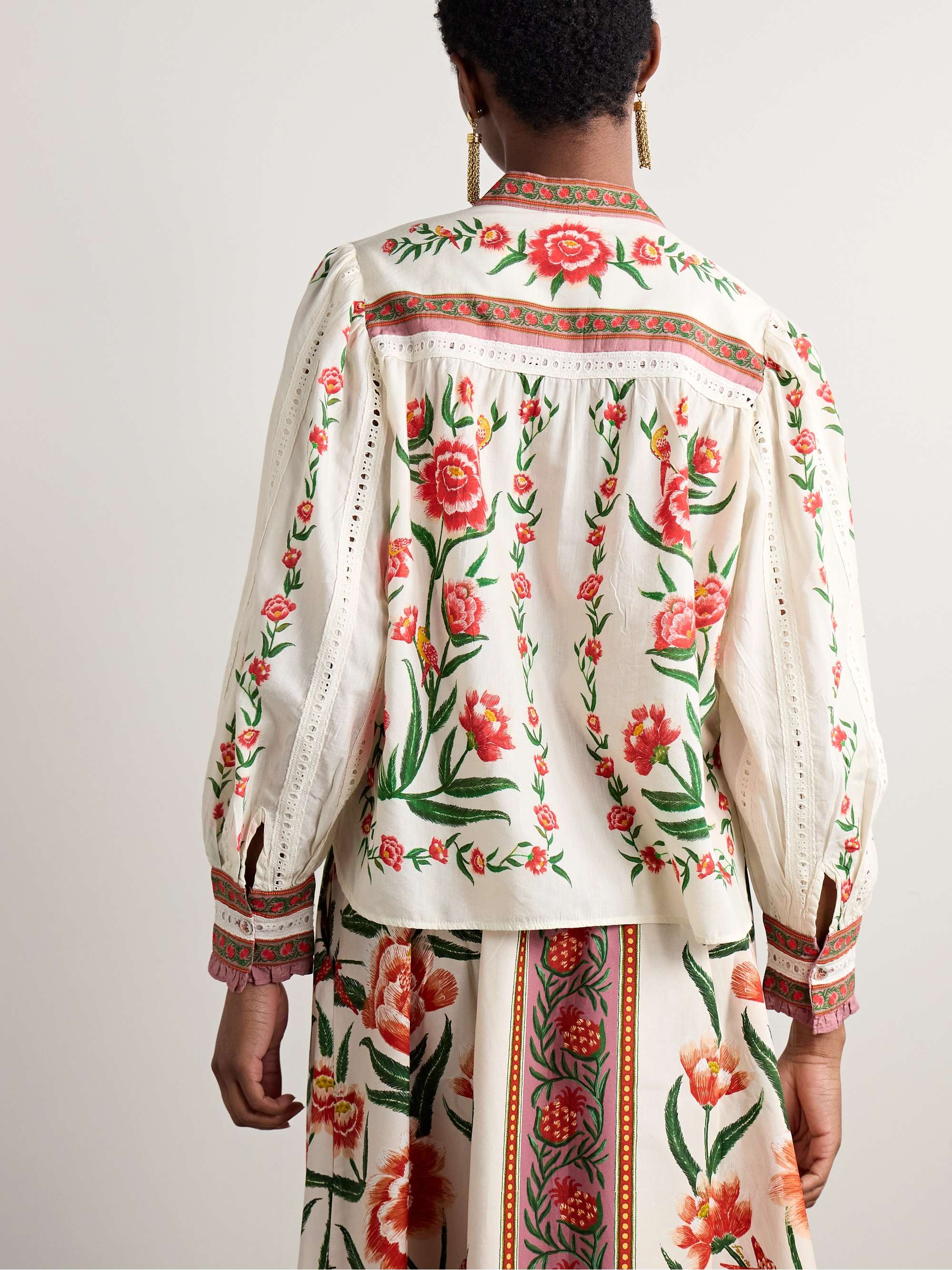 Broderie anglaise-trimmed floral-print cotton-blend voile top view